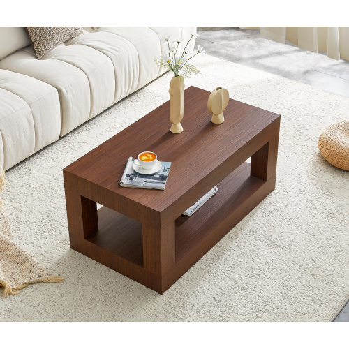 Angle. Loheer - Loheer- Modern Two Tier Coffee Table with Open Storage 3.29x1.8x1.5 ft Rectangular Center Table for Living Room - Walnut.