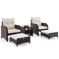 Costway 5 PCS Patio Conversation Set with 2 Chairs 2 Ottomans & 1 Coffee Table for Backyard - Beige + Mix Brown - Front_Zoom