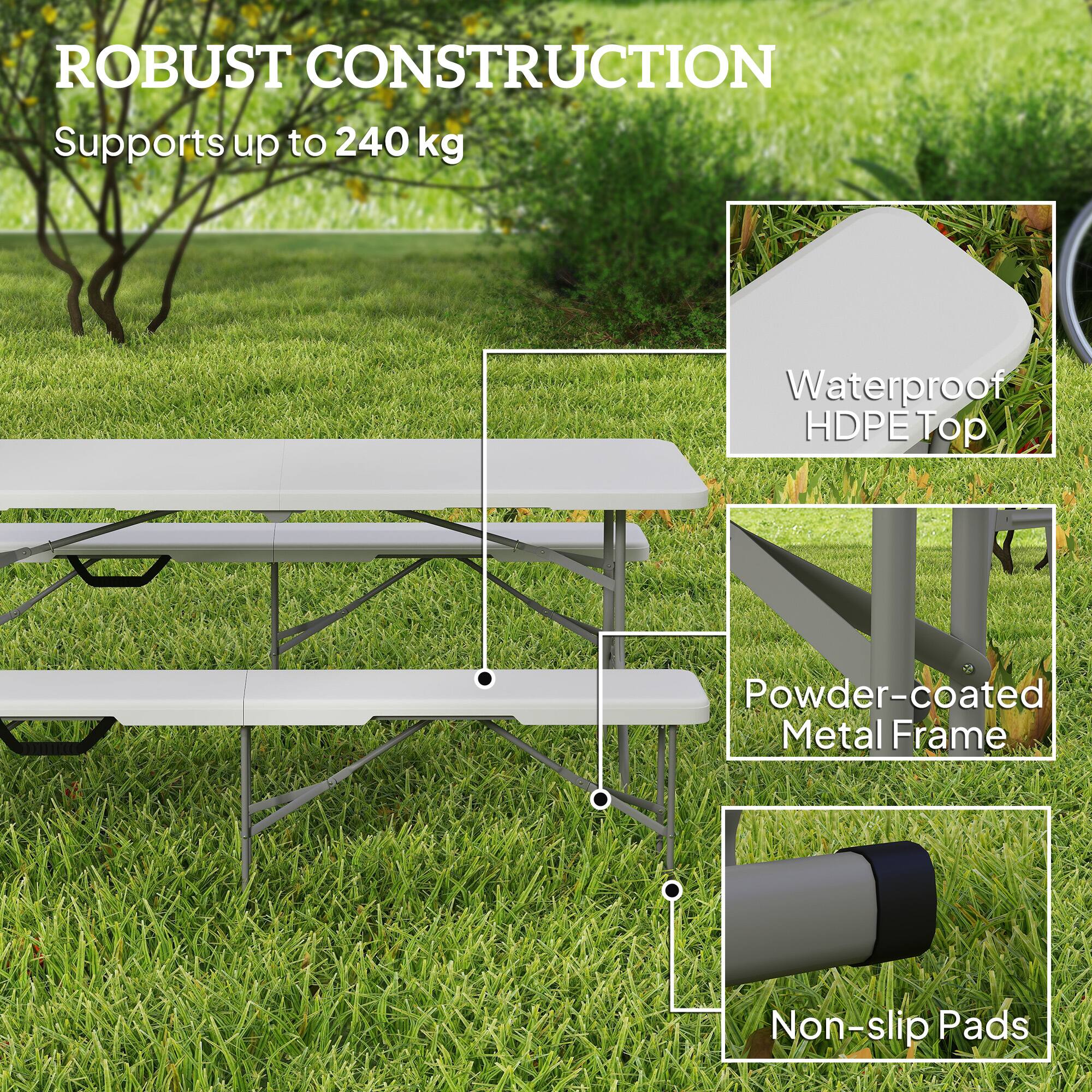 ROBUST CONSTRUCTION
Supports up to 240 kg
Waterproof HDPE Top
Powder-coated Metal Frame
Non-slip Pads