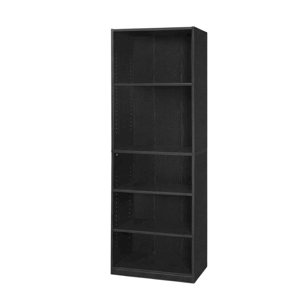 FurniFact - Black 5-Shelf Bookcase with Sturdy Storage and Open Shelving Design - Blackwood