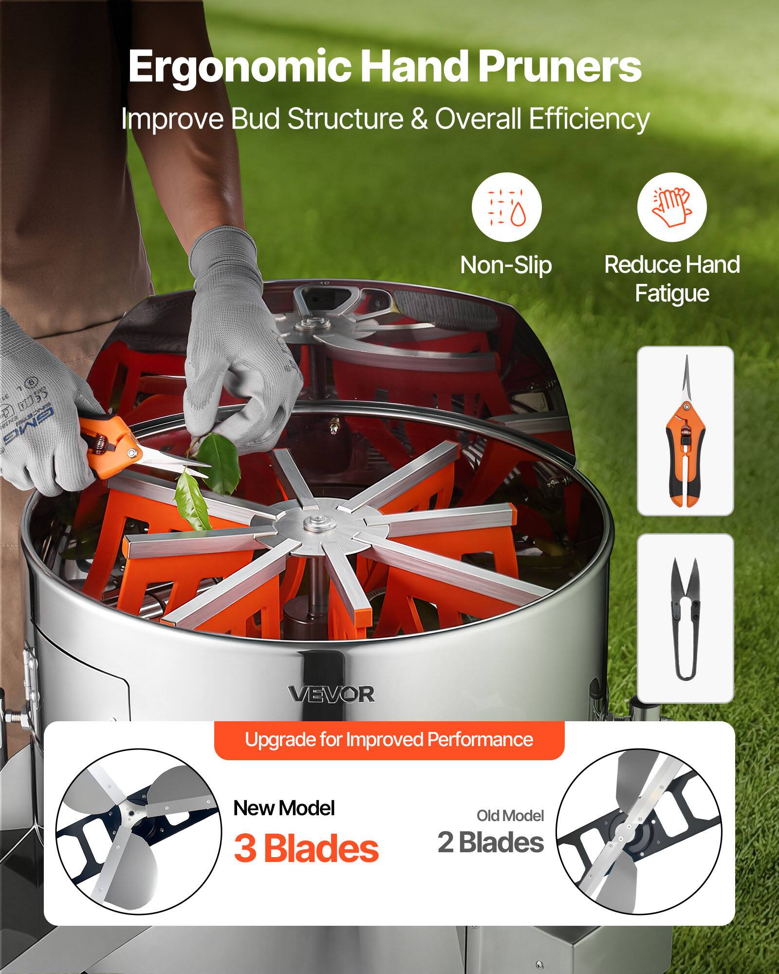 Ergonomic Hand Pruners  
Improve Bud Structure & Overall Efficiency  

Non-Slip  
Reduce Hand Fatigue  

Upgrade for Improved Performance  
New Model: 3 Blades  
Old Model: 2 Blades
