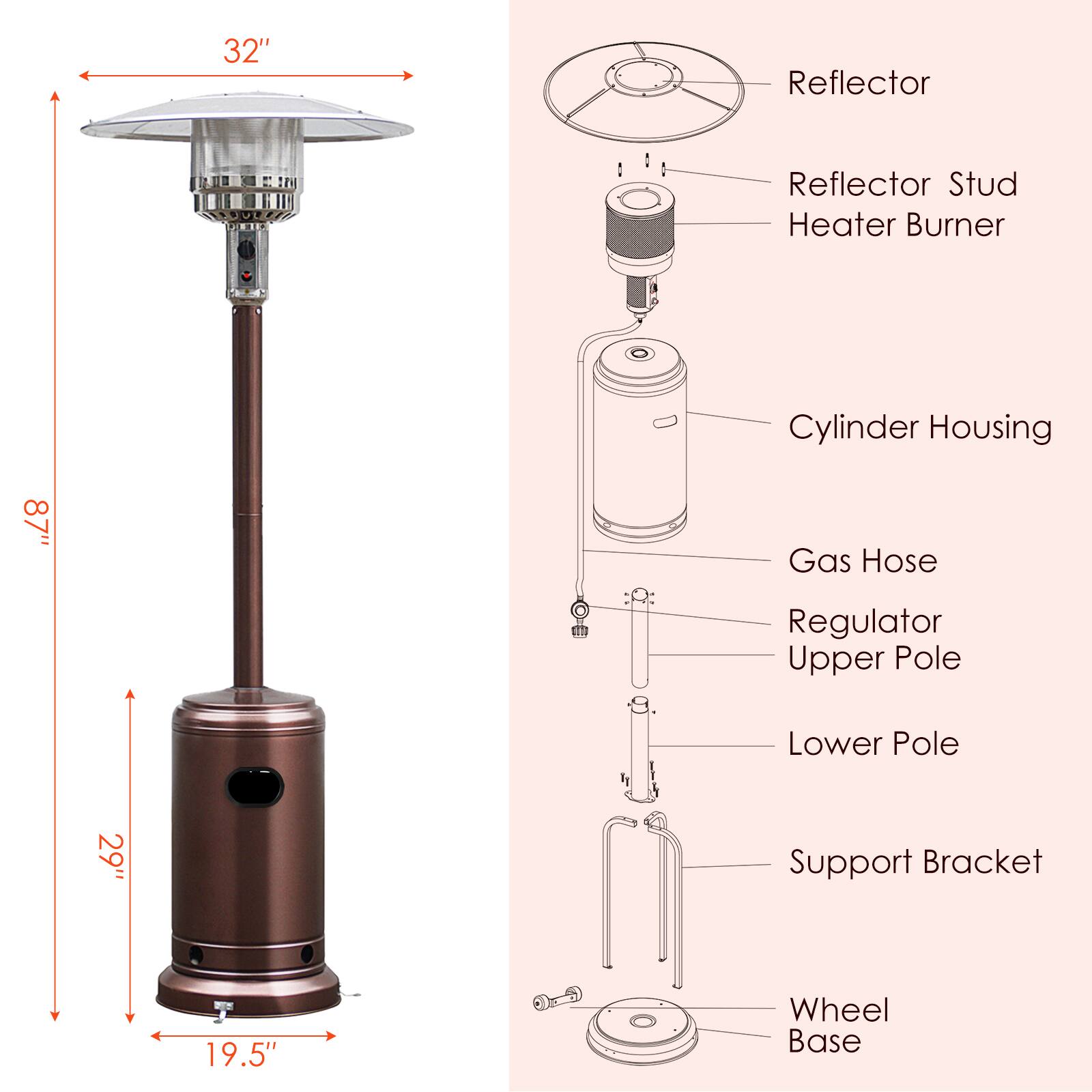 32"
Reflector
Reflector Stud Heater Burner
87"
Cylinder Housing Gas Hose Regulator Upper Pole
Lower Pole
29"
Support Bracket
19.5"
Wheel Base
