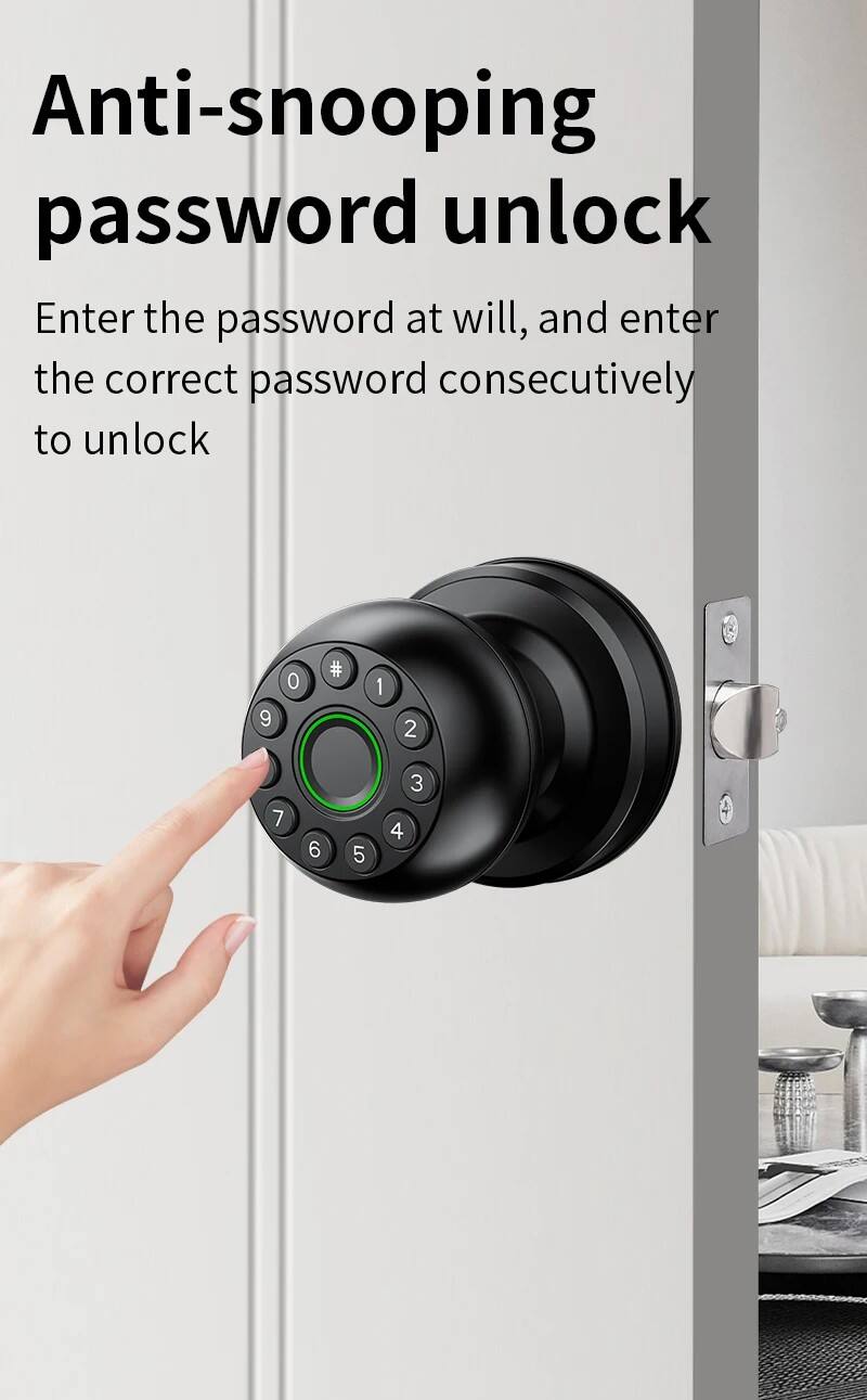 Anti-snooping password unlock  
Enter the password at will, and enter the correct password consecutively to unlock  

9 0 # 1 2 7 6 5 3 4