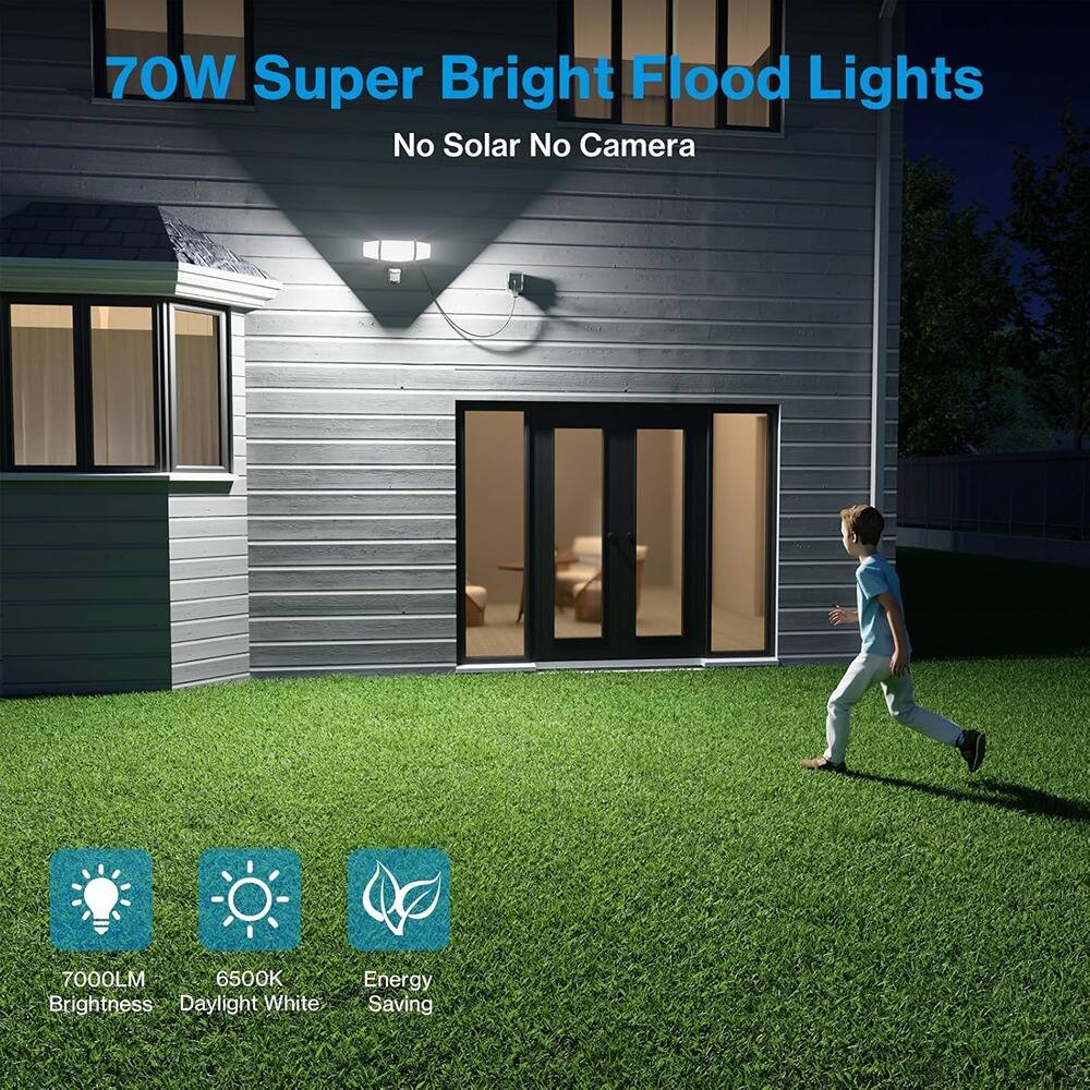 70W Super Bright Flood Lights  
No Solar No Camera  

7000LM Brightness  
6500K Daylight White  
Energy Saving