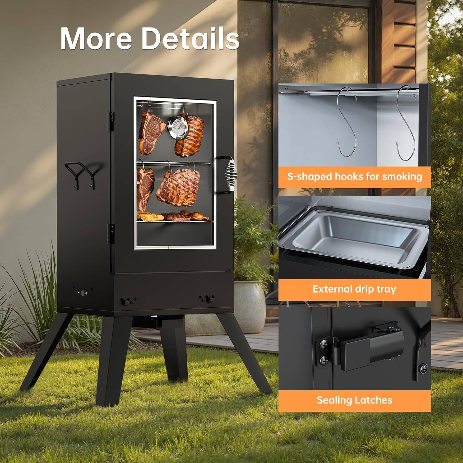 More Details

- S-shaped hooks for smoking
- External drip tray
- Sealing Latches