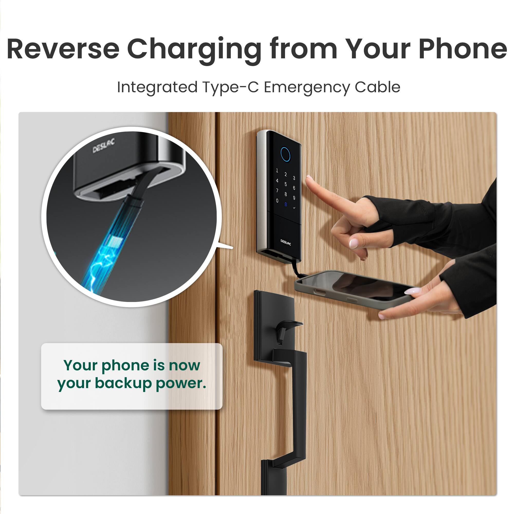 Reverse Charging from Your Phone  
Integrated Type-C Emergency Cable  

DESLAC  

Your phone is now your backup power.
