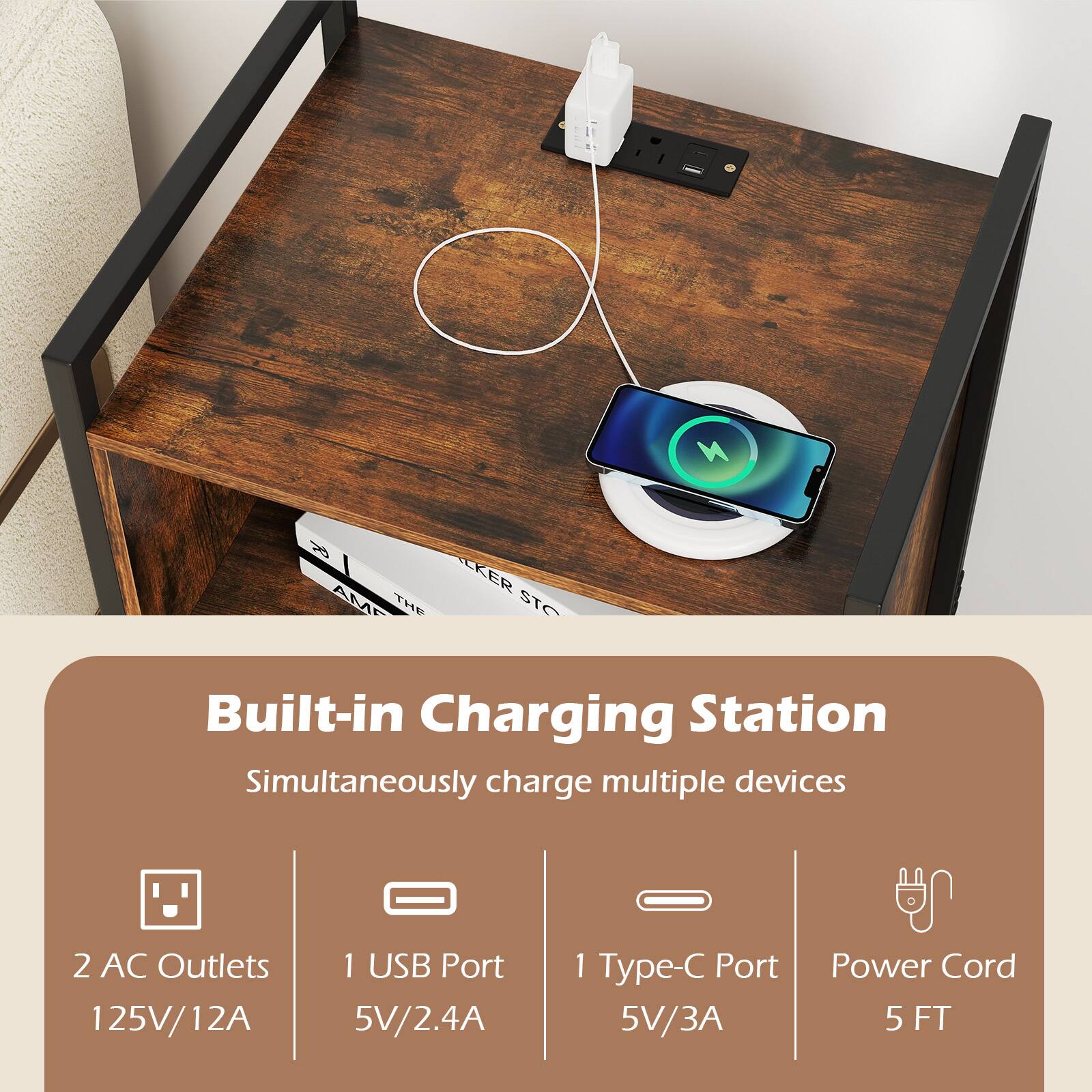 Built-in Charging Station  
Simultaneously charge multiple devices  

- 2 AC Outlets  
  125V/12A  

- 1 USB Port  
  5V/2.4A  

- 1 Type-C Port  
  5V/3A  

- Power Cord  
  5 FT
