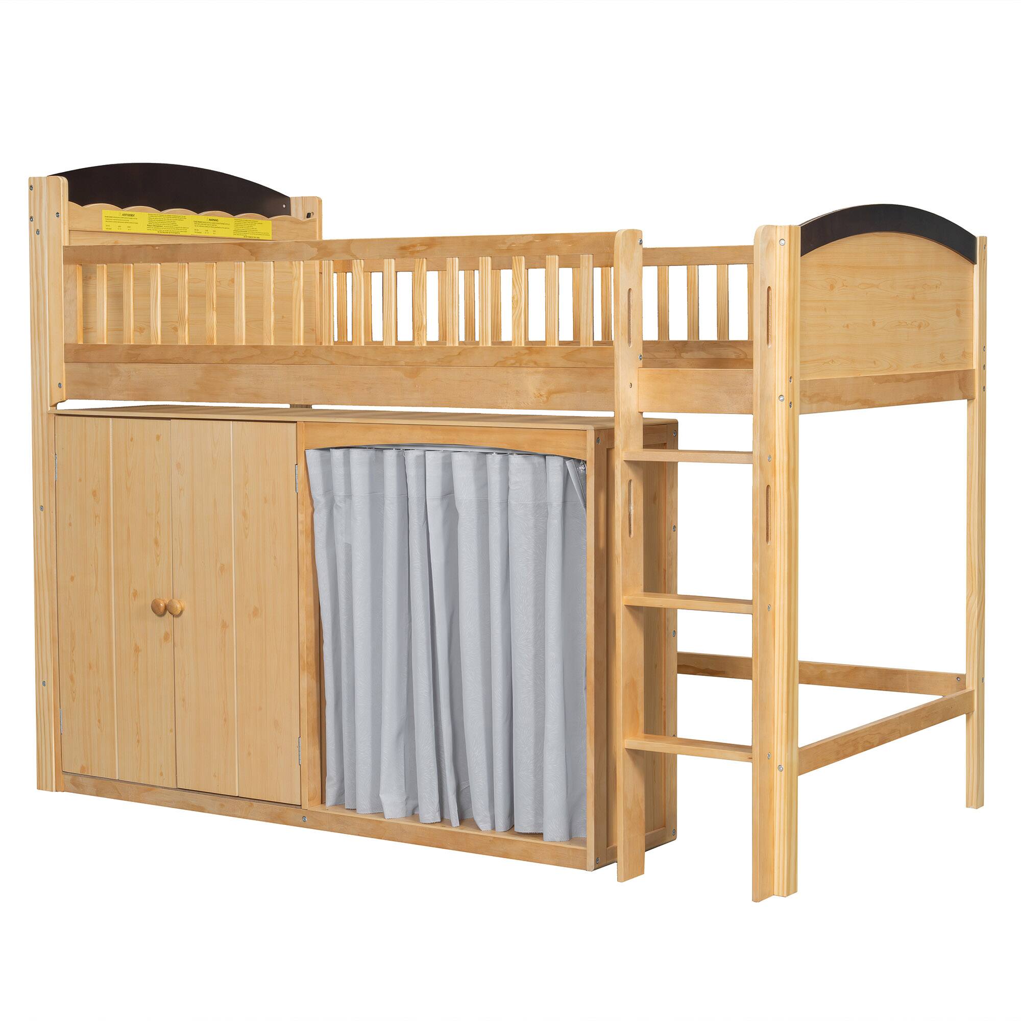 Back. Whisen - Twin Size Loft Bed with Storage Cabinet, Wardrobe and LED Lights, Wooden Kids Bed Frame for Bedroom - Espresso.