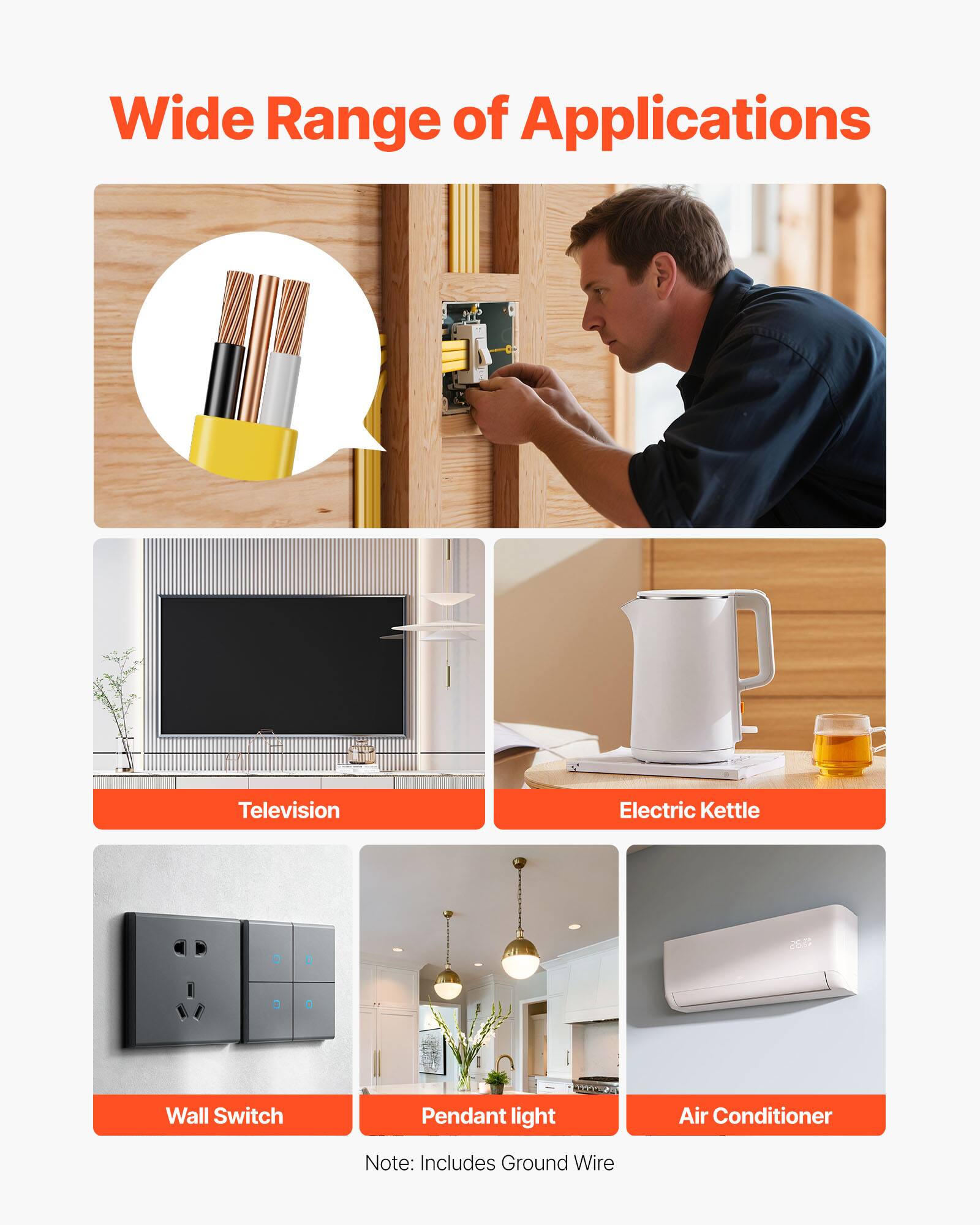 Wide Range of Applications  
Television  
Electric Kettle  
Wall Switch  
Pendant light  
Air Conditioner  
Note: Includes Ground Wire