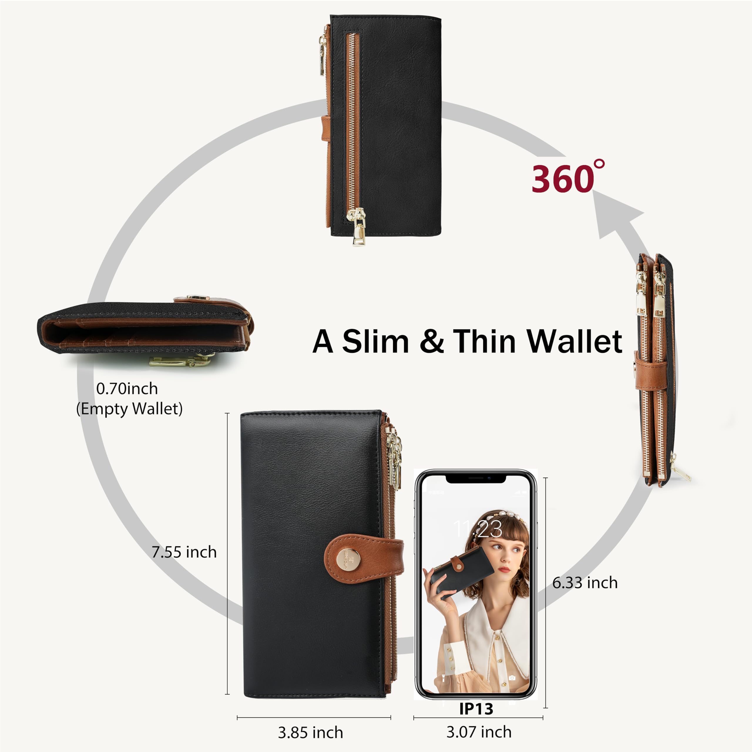 Alt View 1. Jadie Link - Womens Wallet Thin Rfid Blocking Leather Women Credit Card Holder Travel Zipper Pocketblackbrown Premium Material - Cow Print.