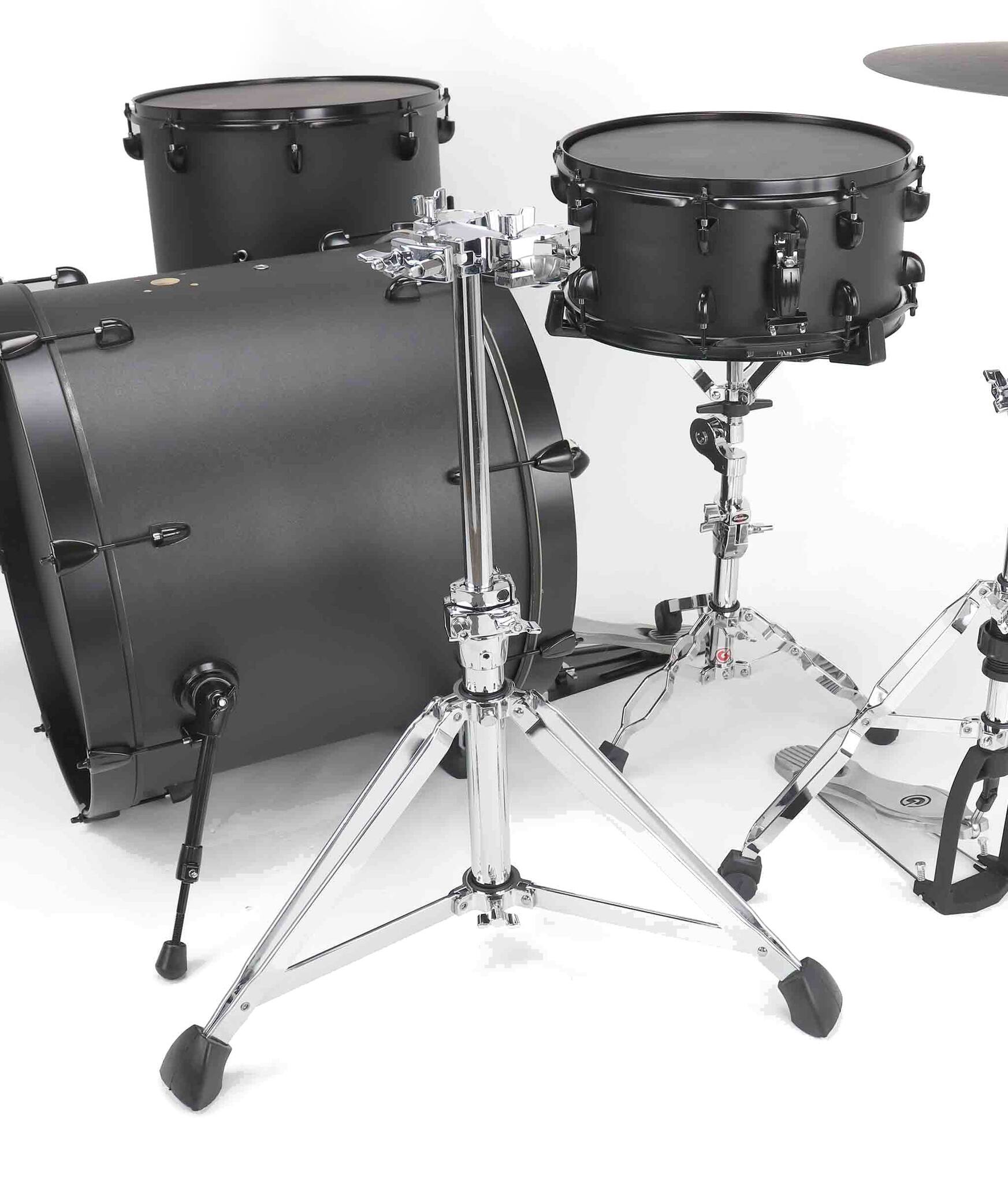 Left. Gibraltar Hardware - 9000 Series Low Rise Double Tom Stand, Space Saving Adjustable Platform with 15" Tripod Base and Dual L-Rod Mounts.