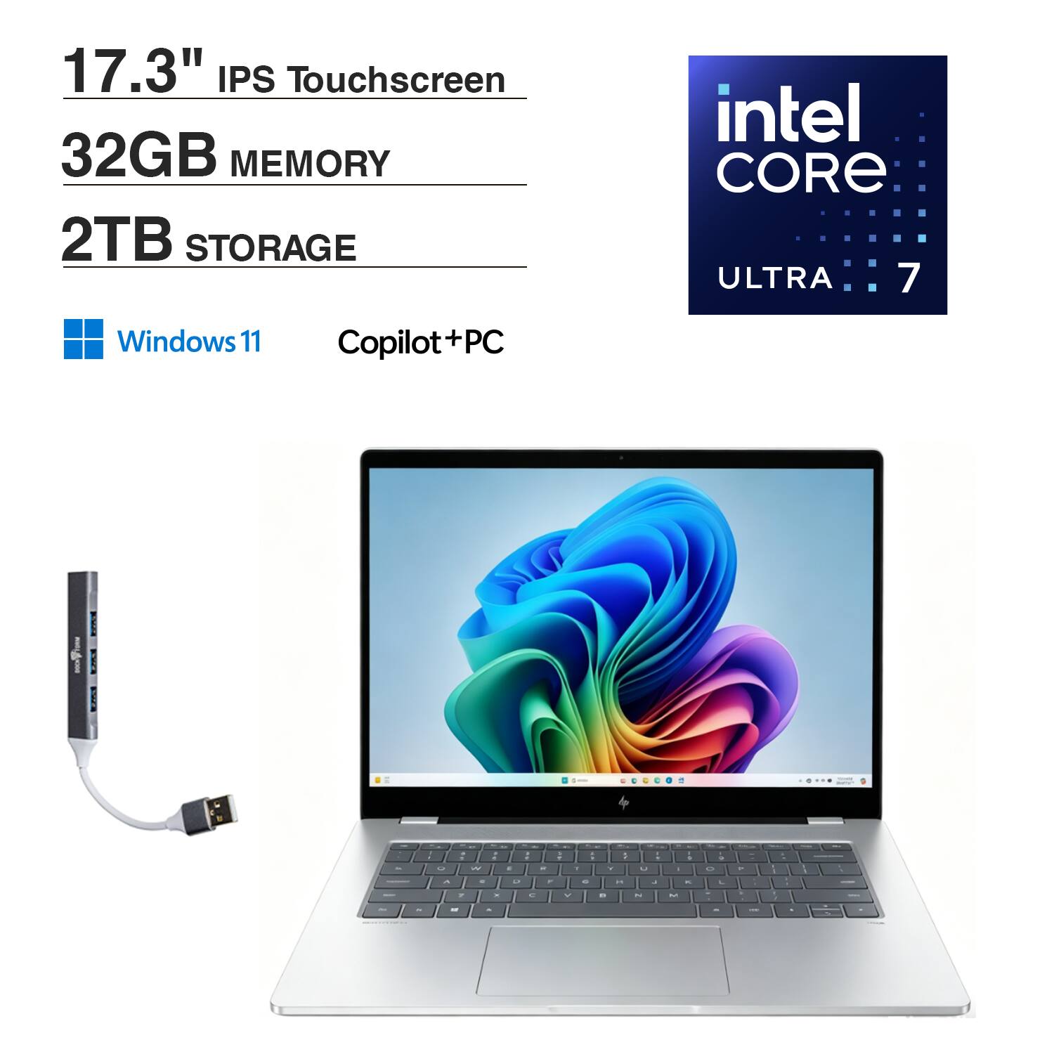 HP - OmniBook X Laptop (Ultra 7-258V, 32GB, 2TB PCIe SSD, 17.3 Touch FHD (1920x1080), Intel Arc 140V, Win 11 Home) - Glacier Silver