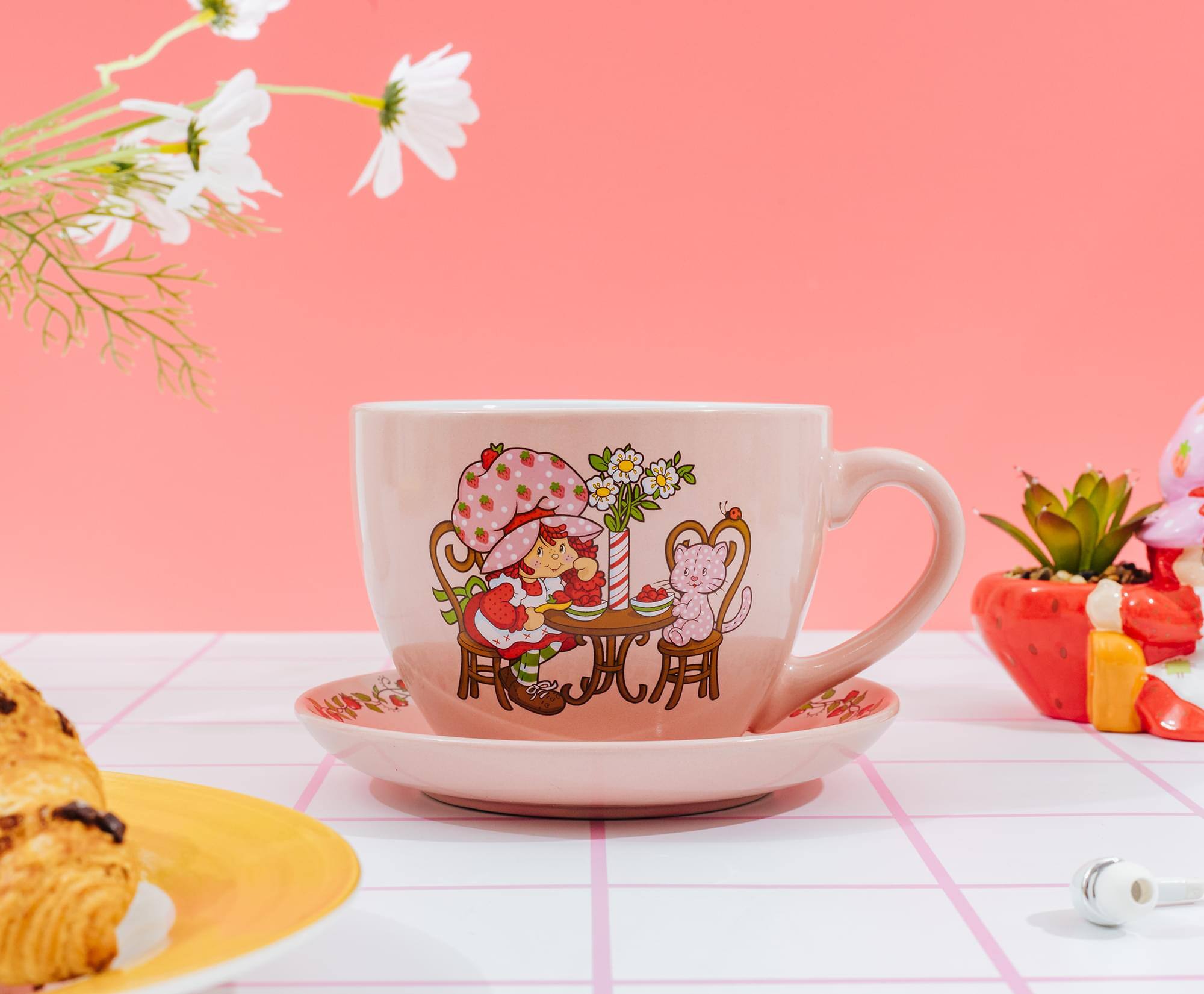 Alt View 10. Silver Buffalo - Strawberry Shortcake Tea Party Ceramic Teacup and Saucer Set | Holds 22 Ounces - Pink.