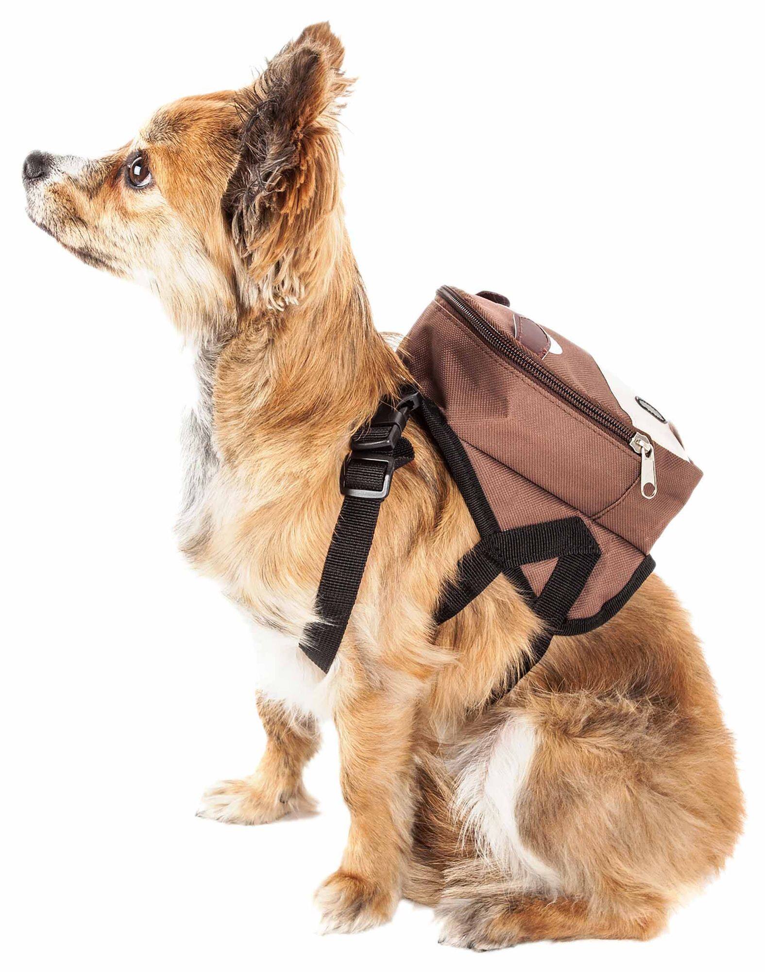 Angle. KyyWee - kyywee'Mooltese' Large-Pocketed Compartmental Animated Dog Harness Backpack - brown.