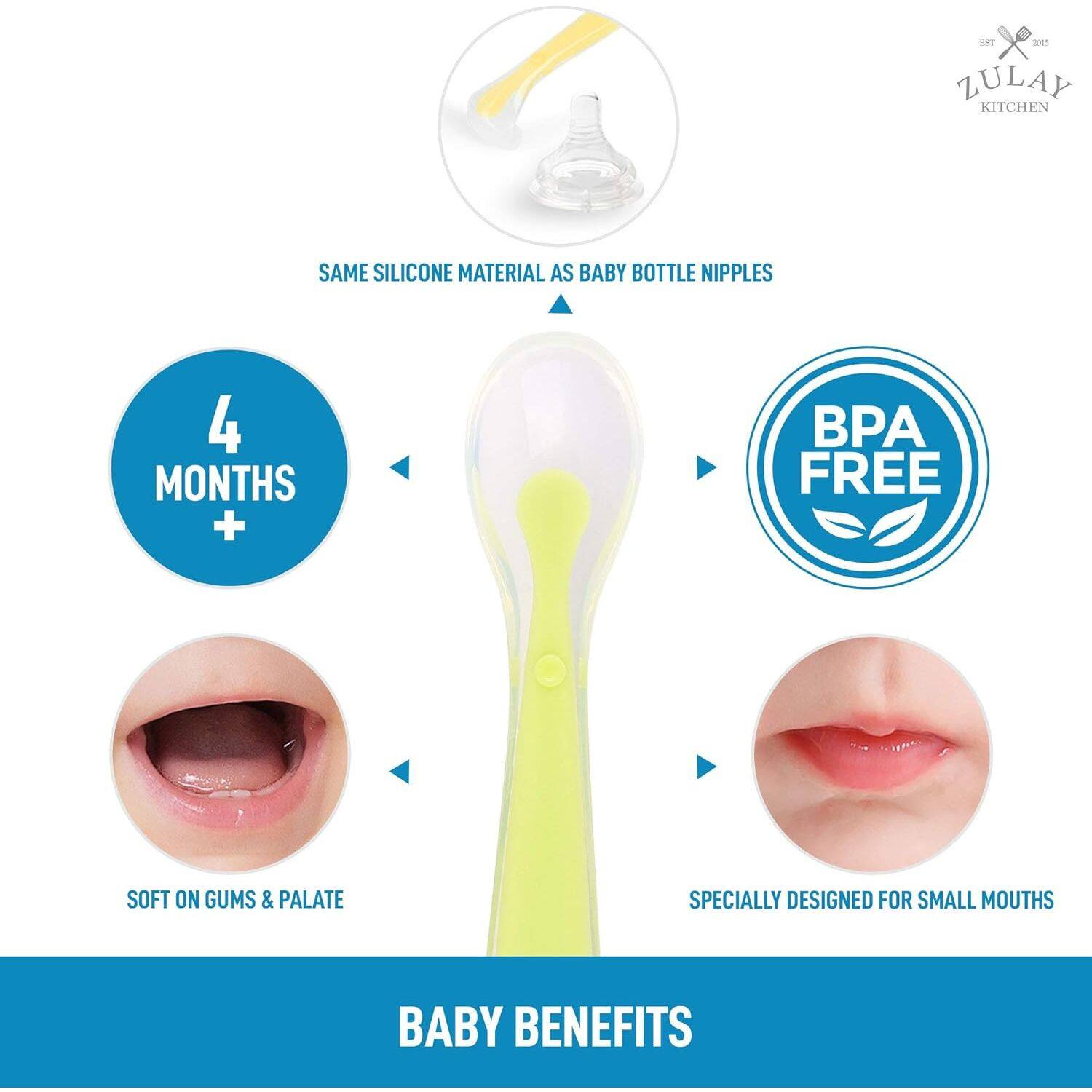ENT x aar ZULAY KITCHEN SAME SILICONE MATERIAL AS BABY BOTTLE NIPPLES 4 MONTHS + BPA FREE SOFT ON GUMS & PALATE SPECIALLY DESIGNED FOR SMALL MOUTHS BABY BENEFITS