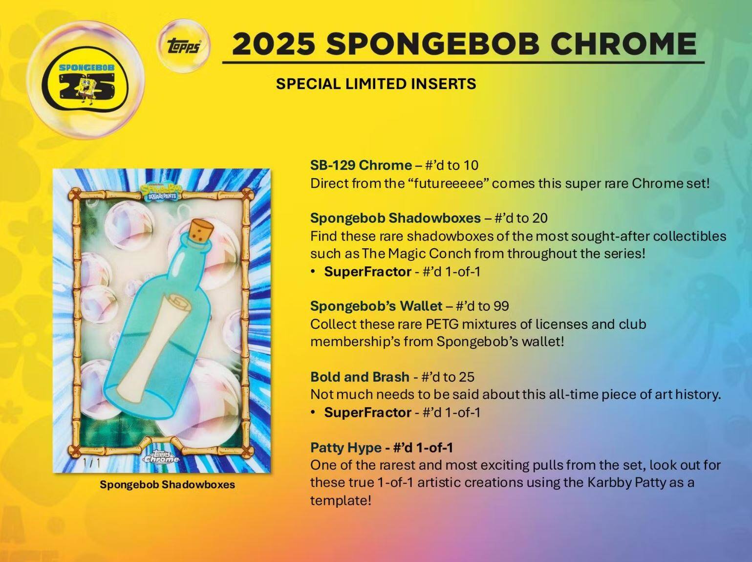 **2025 SpongeBob Chrome**

**Special Limited Inserts**

- **SB-129 Chrome** - #’d to 10  
  Direct from the “futureeee” comes this super rare Chrome set!

- **SpongeBob Shadowboxes** - #’d to 20  
  Find these rare shadowboxes of the most sought-after collectibles such as The Magic Conch from throughout the series!  
  - **SuperFractor** - #’d 1-of-1

- **SpongeBob’s Wallet** - #’d to 99  
  Collect these rare PETG mixtures of licenses and club memberships from SpongeBob’s wallet!  
  - **SuperFractor** - #’d 1-of-1

- **Bold and Brash** - #’d to 25  
  Not much needs to be said about this all-time piece of art history.  
  - **SuperFractor** - #’d 1-of-1

- **Patty Hype** - #’d 1-of-1  
  One of the rarest and most exciting pulls from the set, look out for these true 1-of-1 artistic creations using the Kar