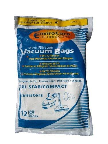 A MUST FOR ALLERGY SUFFERERS!!  
EnviroCare TECHNOLOGIES Micro Filtration Vacuum Bags  
99.7% Filtration Traps Microscopic Particles and Allergens  
Filtración 99.7% Partículas y Alergénicos Microscópicos de Píger  
Filtración 99.7% Partículas Alergénicos Microscópicos de los Desvios  
Designed to Fit: Concus Pour: Diseñado a Medida:  
TRI STAR/COMPACT Canisters  
12 BAGS SACS BOLSAS