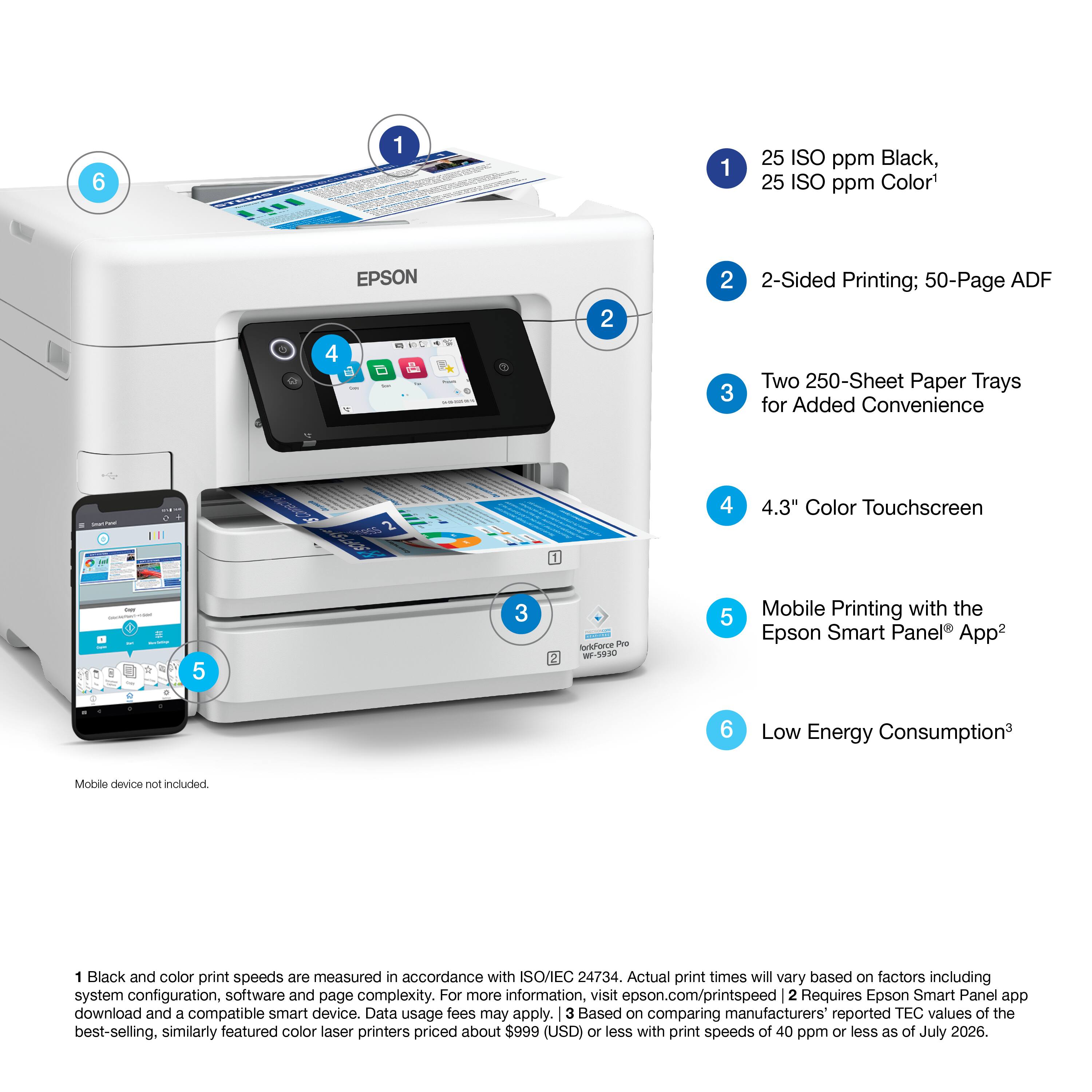 1. 25 ISO ppm Black, 25 ISO ppm Color¹
2. 2-Sided Printing; 50-Page ADF
3. Two 250-Sheet Paper Trays for Added Convenience
4. 4.3" Color Touchscreen
5. Mobile Printing with the Epson Smart Panel® App²
6. Low Energy Consumption³

Mobile device not included.

¹ Black and color print speeds are measured in accordance with ISO/IEC 24734. Actual print times will vary based on factors including system configuration, software and page complexity. For more information, visit epson.com/printspeed
² Requires Epson Smart Panel app download and a compatible smart device. Data usage fees may apply.
³ Based on comparing manufacturers' reported TEC values of the best-selling, similarly featured color laser printers priced about $999 (USD) or less with print speeds of 40 ppm or less as of July 2026.
