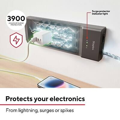 3900 JOULES OF SURGE PROTECTION  
Surge protector indicator light  

Protects your electronics  
From lightning, surges or spikes