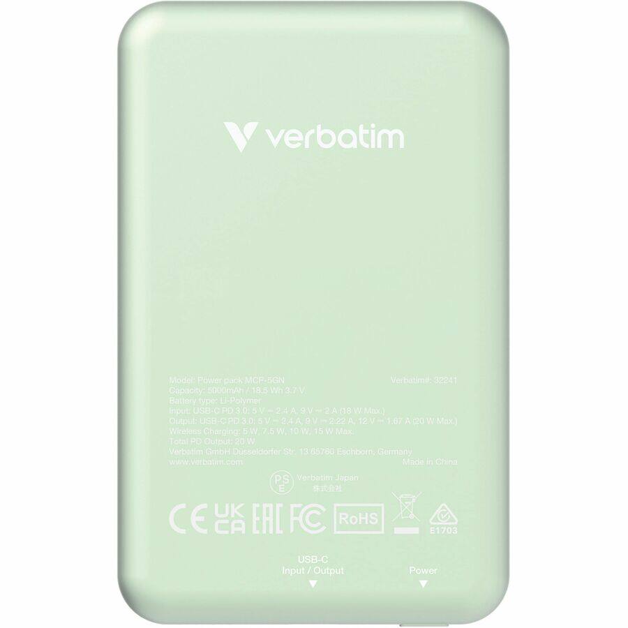 Model: Power pack MCP-5GN  
Verbatim#: 32241  
Capacity: 5000mAh - 18.5 Wh 3.7 V  
Battery type: U-Polymer  
Input: USB-C PD 3.0, 5V 9V 2A (18W Max)  
Output: USB-C PD 3.0, 5V 2.4A, 9V 2.22A, 12V 1.07A (20W Max)  
Wireless Charging: 5W, 7.5W, 10W, 15W Max  
Total PD Output: 20W  
Verbatim GmbH, Düsseldorf Str. 13, 65760 Eschborn, Germany  
www.verbatim.com  
Made in China  
PS Verbatim Japan  
CE UK EAC FC RoHS CA E1703  
USB-C Input / Output Power