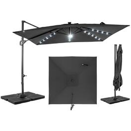 Gymax - 10 FT Cantilever Outdoor Umbrella w/ 32 Solar LED Lights & 220 LBS Base Black - Gray