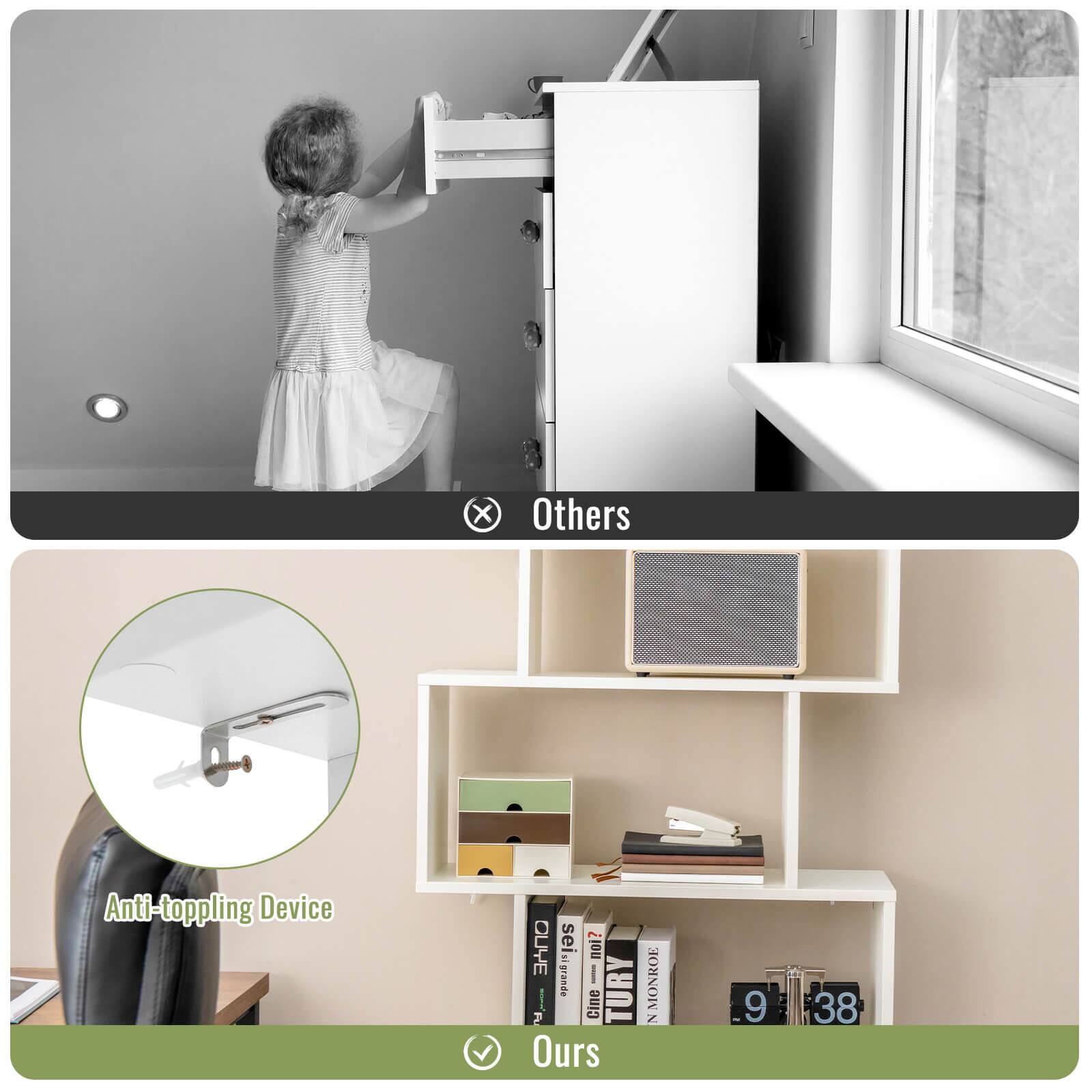 The text on the image reads: "Anti-toppling device. Ours."