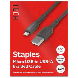 Staples TECH - Micro USB to USB-A Charging Cable, 3.3 ft., Black (ST62327) - Black