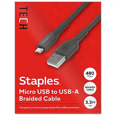 TECH Staples
Micro USB to USB-A Braided Cable
480 Mbps
3.3FT (1M)
Charge & sync devices supported by Micro USB connections.