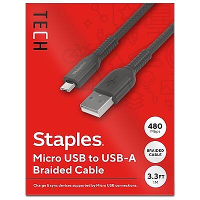 TECH Staples  
Micro USB to USB-A Braided Cable  
480 Mbps  
3.3FT (1M)  
Charge & sync devices supported by Micro USB connections.