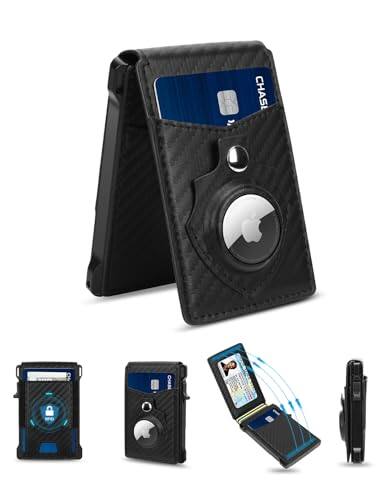 Vulpecula Spade - Airtag Wallet for Men, Mens Smart Wallet for Air Tag RFID Blocking, Minimalist Bifold Pop Up Aluminum Credit Card Case - Carbon Fiber Black