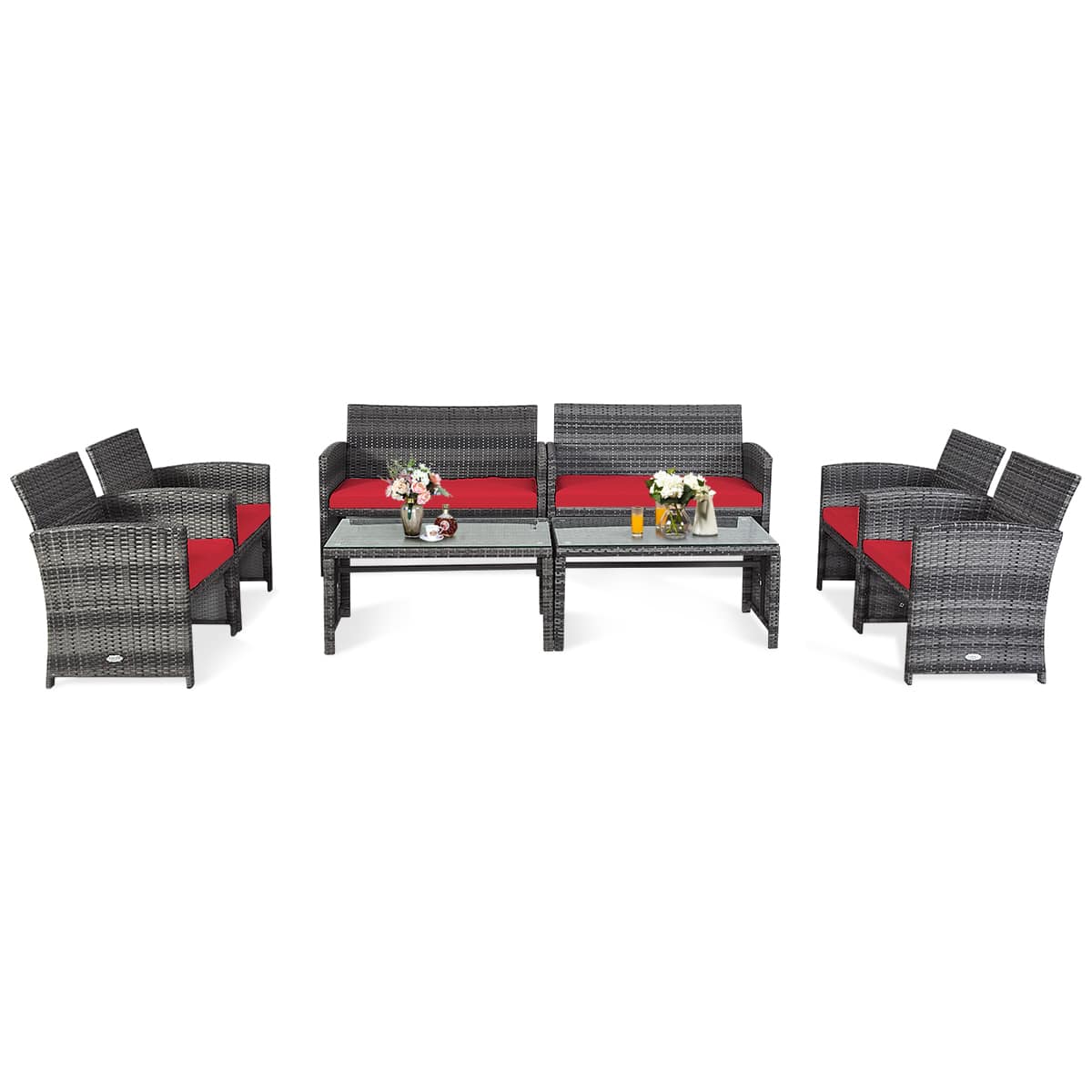 Costway - 8PCS Patio Rattan Furniture Set Glass Table Top Cushioned Sofa - Red