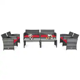 Costway - 8PCS Patio Rattan Furniture Set Glass Table Top Cushioned Sofa - Red