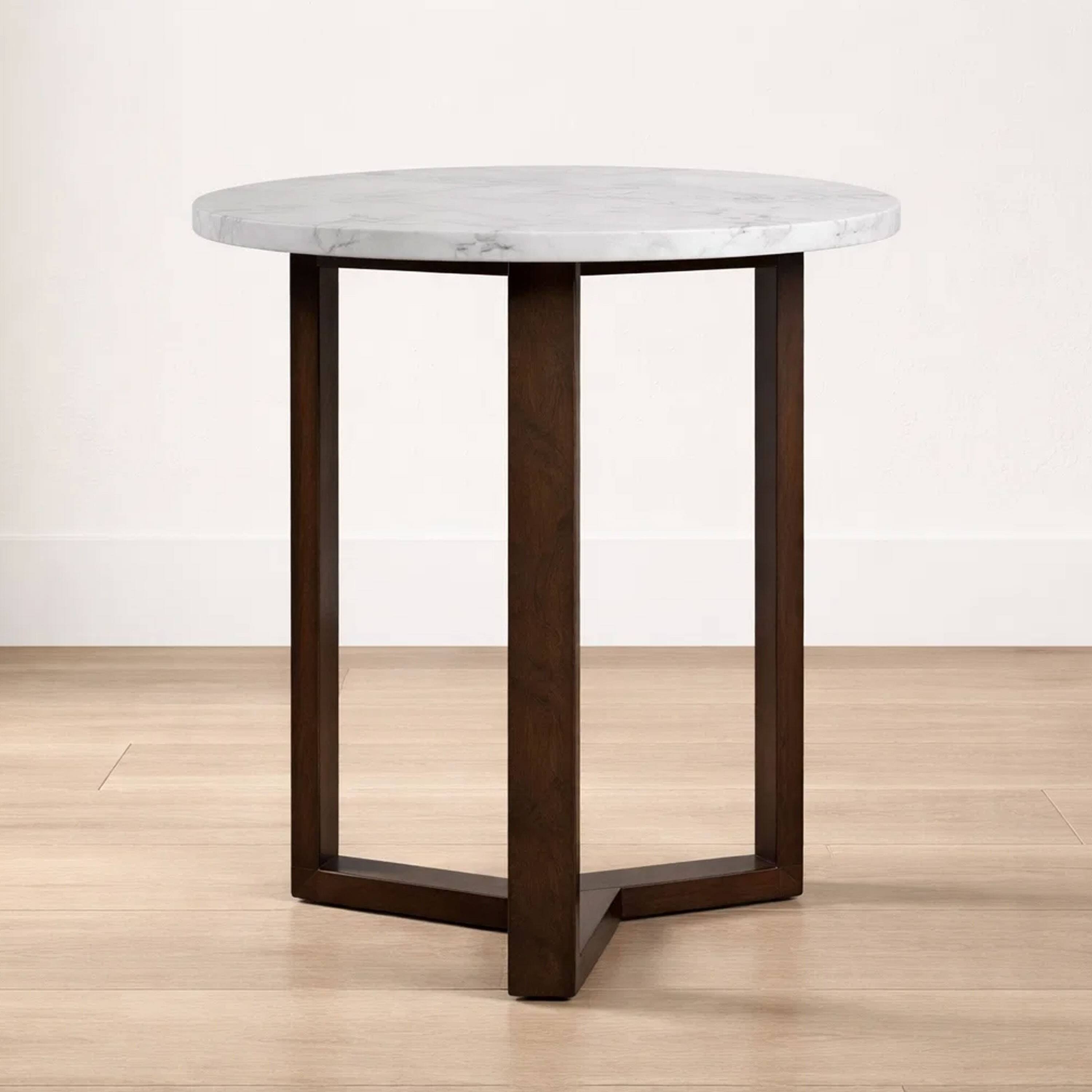 Alt View 5. Manhattan Lane - Fina 20 Inch Round Side End Table, White Genuine Marble Top, Natural Brown Mango Wood 3 Leg Sled Base - White, Natural Brown.