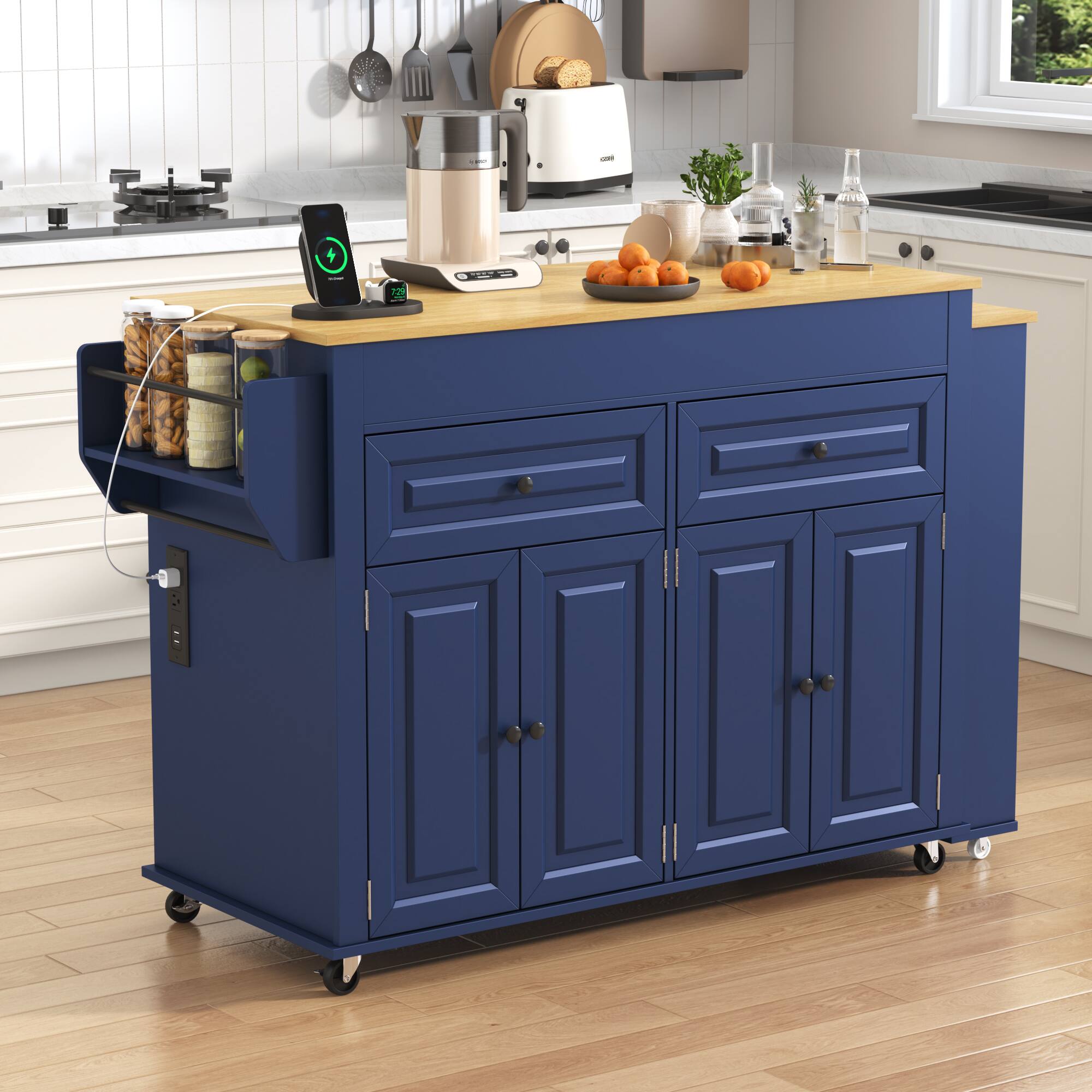 Angle. Espafurni - 80"-48" Extendable Kitchen Island with Dining Table & Power Outlet,Drawers,Shelves, Mobile Rolling Cart - Blue.