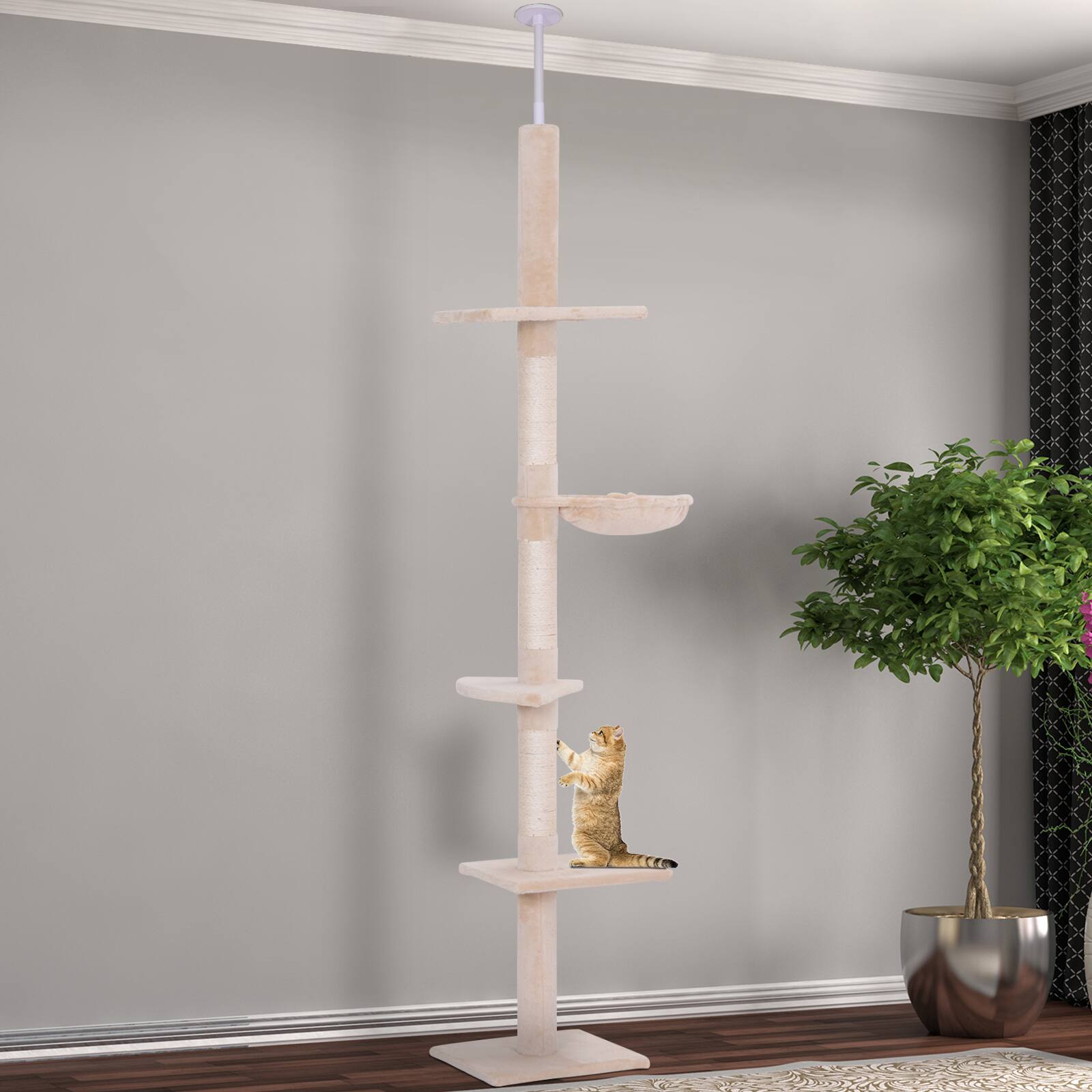 Angle. Pawhut - 8.5' Adjustable Height Floor-to-Ceiling Vertical Cat Tree, 5 Level Cat Climbing Tower - Beige.