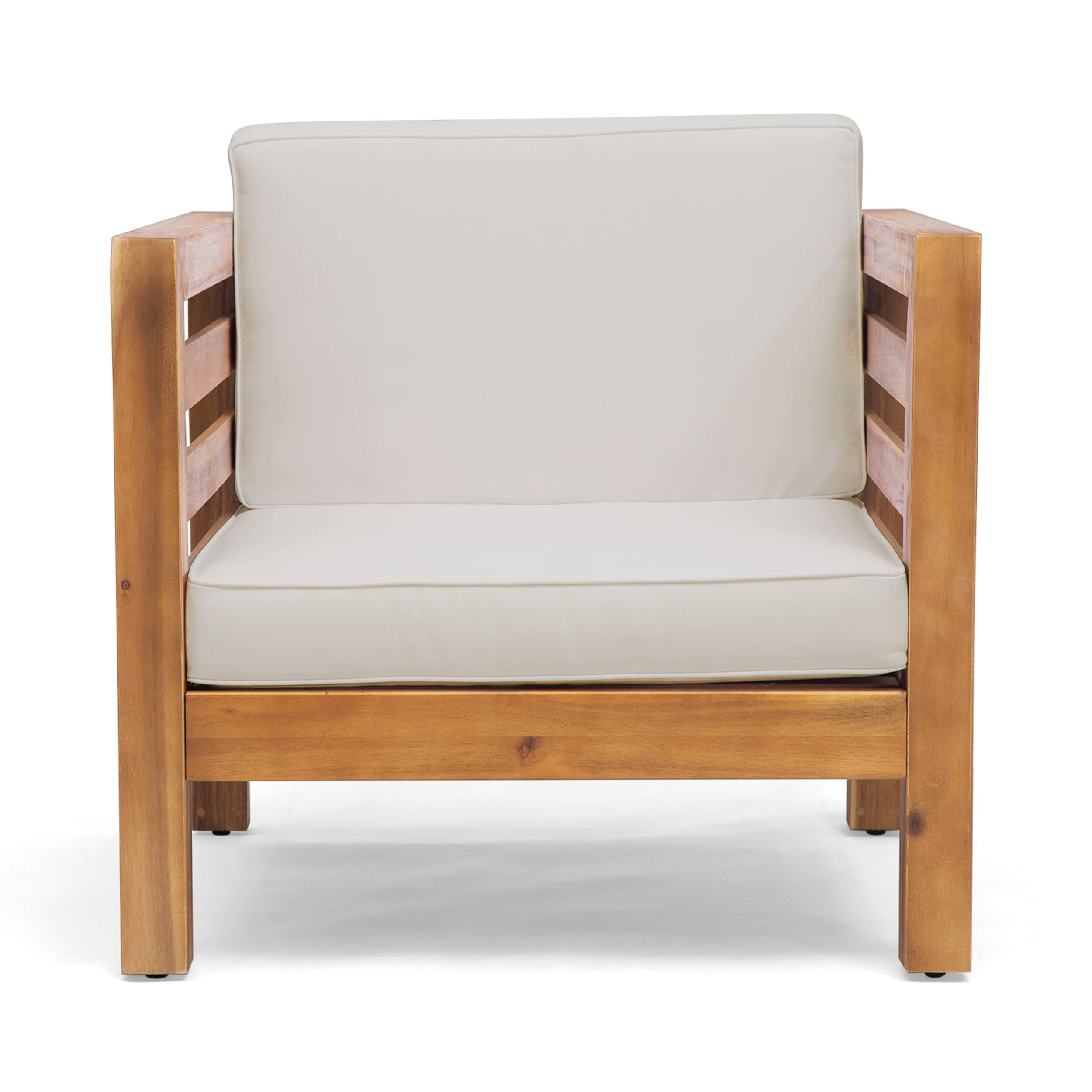 Back. Mondawe - Acacia Wood Club Chair with Waterproof Cushions - Beige.
