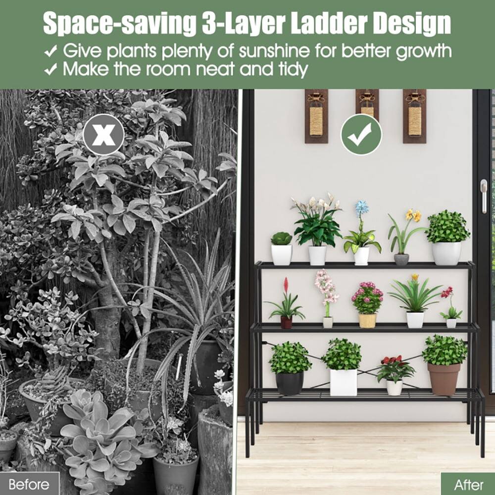 Space-saving 3-Layer Ladder Design  
- Give plants plenty of sunshine for better growth  
- Make the room neat and tidy  

Before  
After
