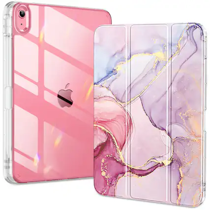 Front. DTTO - Case for iPad (A16)/10th Gen (2025/2022), clear hard back, soft TPU frame, slim trifold stand, auto wake/sleep - Pink Marble.