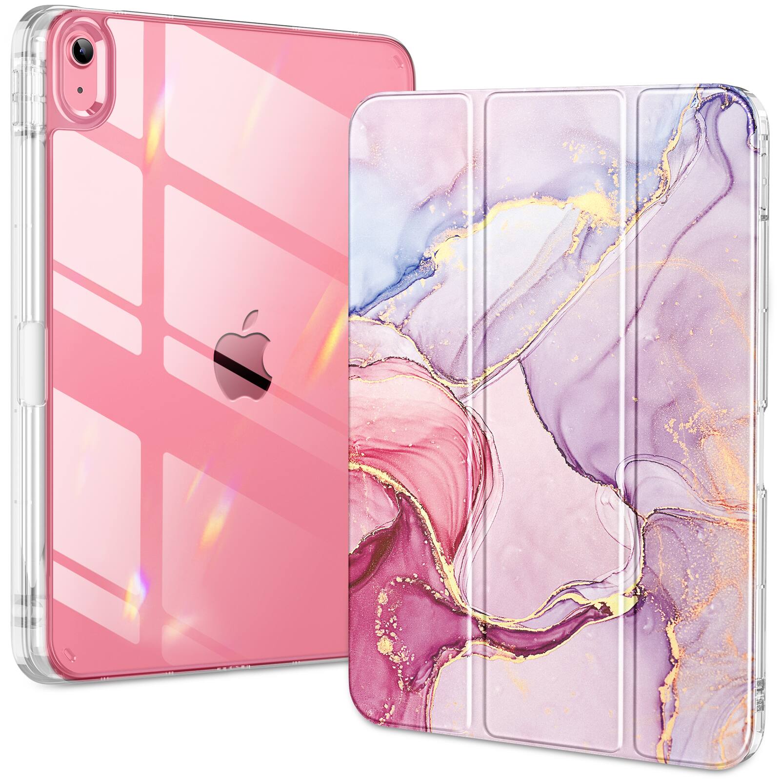 Front. DTTO - Case for iPad (A16)/10th Gen (2025/2022), clear hard back, soft TPU frame, slim trifold stand,  auto wake/sleep - Pink Marble.