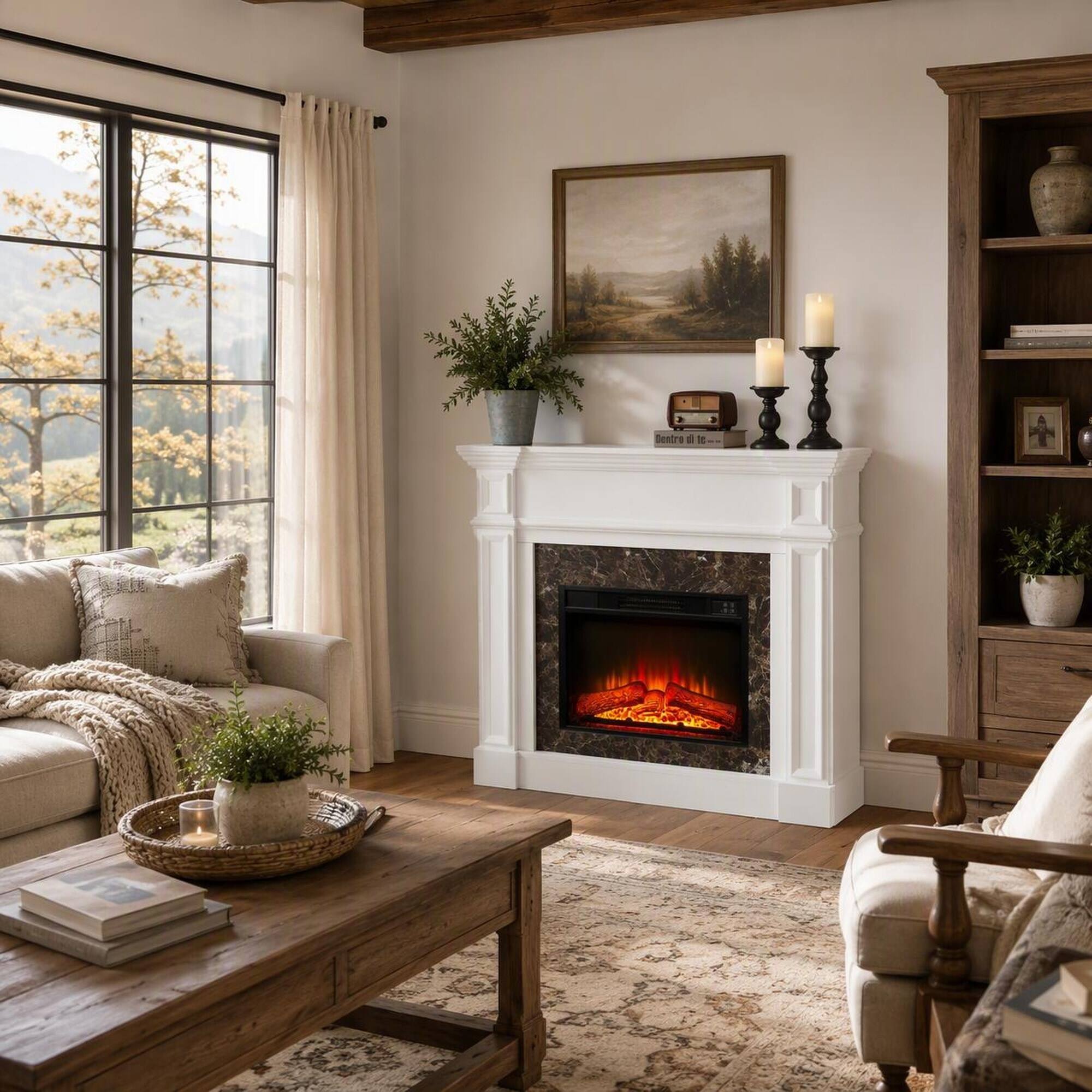 Angle. RYHNUYNE - White Electric Fireplace with Mantel, Freestanding Heater with Realistic Stacked Stone Finish, Remote Control - White.