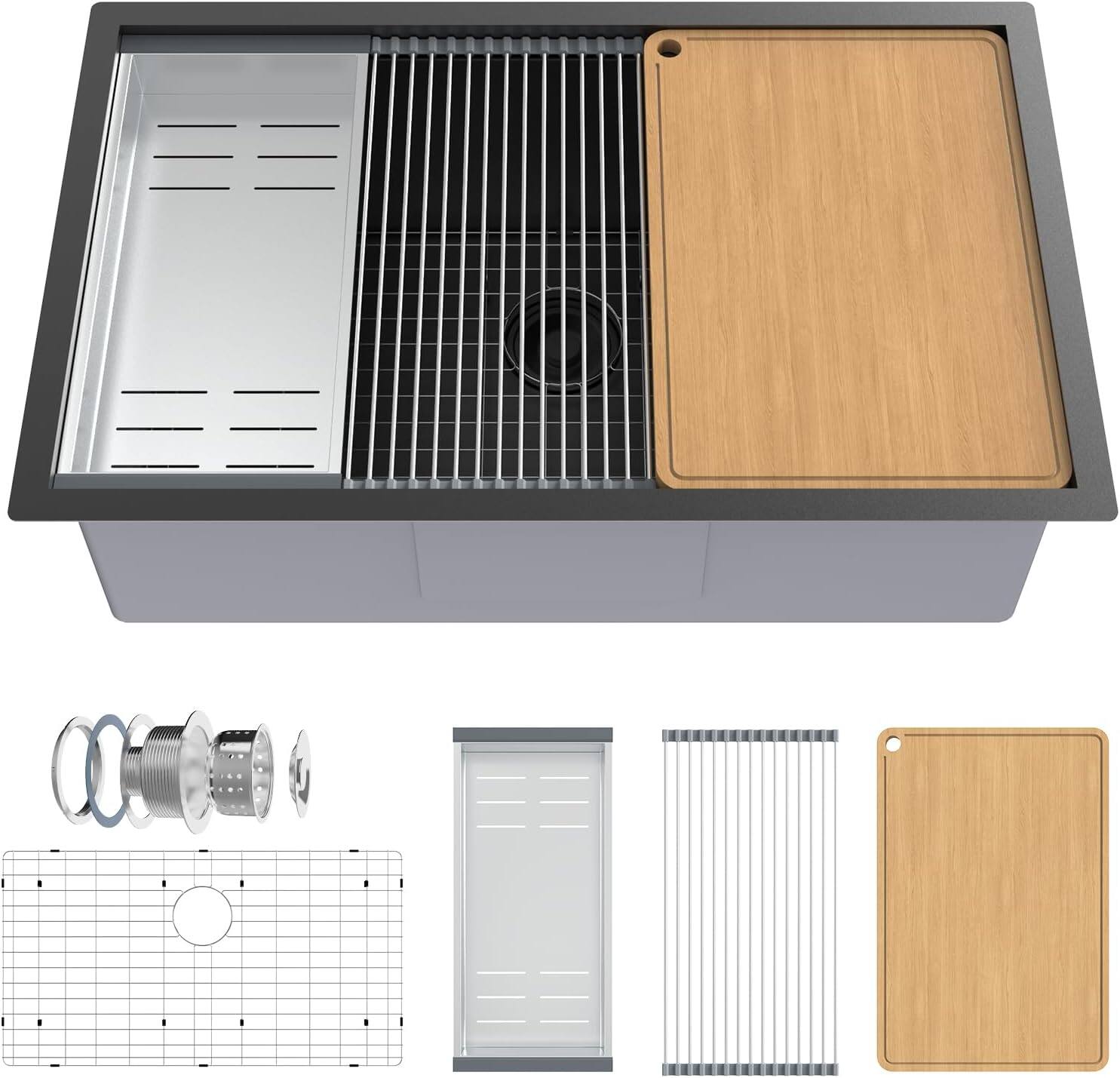 Front. Winado - 30"L x 19"W x 9.7"H Undermount Kitchen Sink with Cutting Board and Drying Rack for Food Prep Area & Kitchen Dishwashing - Black.