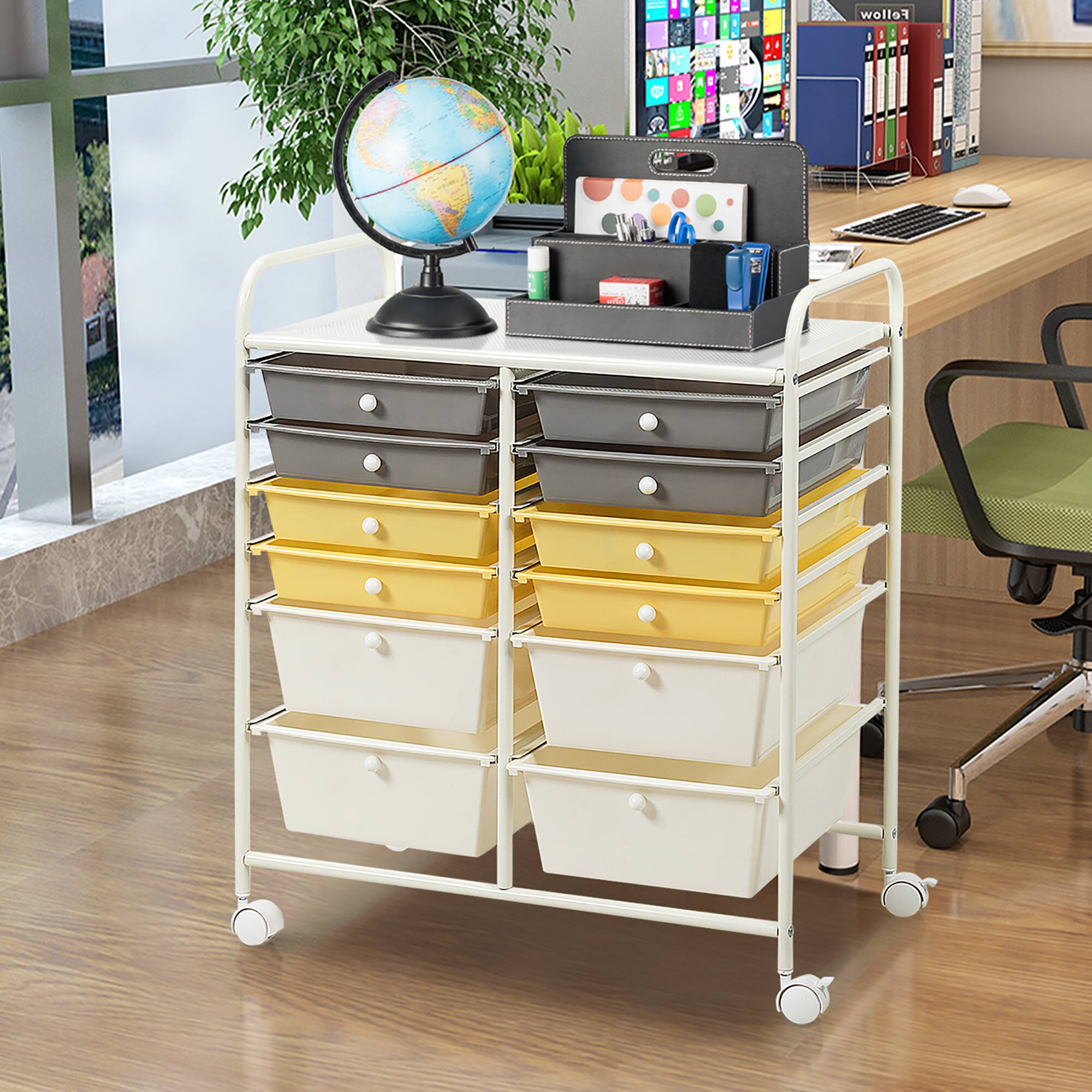 Alt View 3. Costway - 12 Drawers Rolling Cart Storage Scrapbook Paper Studio Organizer - Grey/Beige/Yellow.