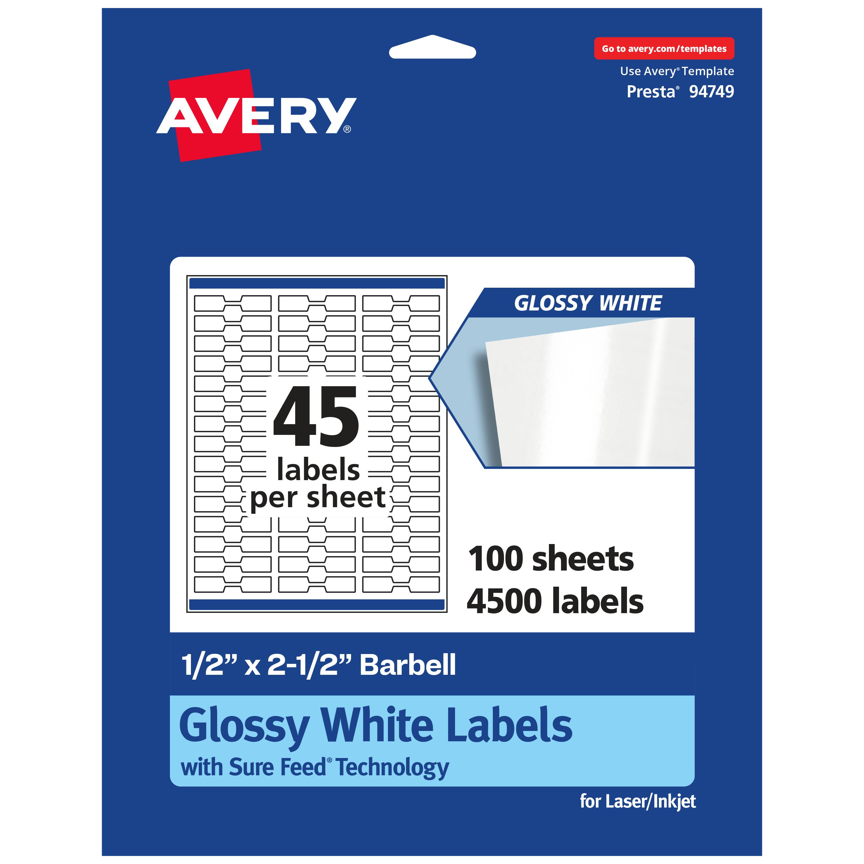 Go to avery.com/templates

AVERY

Use Avery Template Presta 94749

GLOSSY WHITE

45 labels per sheet

100 sheets

4500 labels

1/2" x 2-1/2" Barbell Glossy White Labels with Sure Feed Technology for Laser/Inkjet