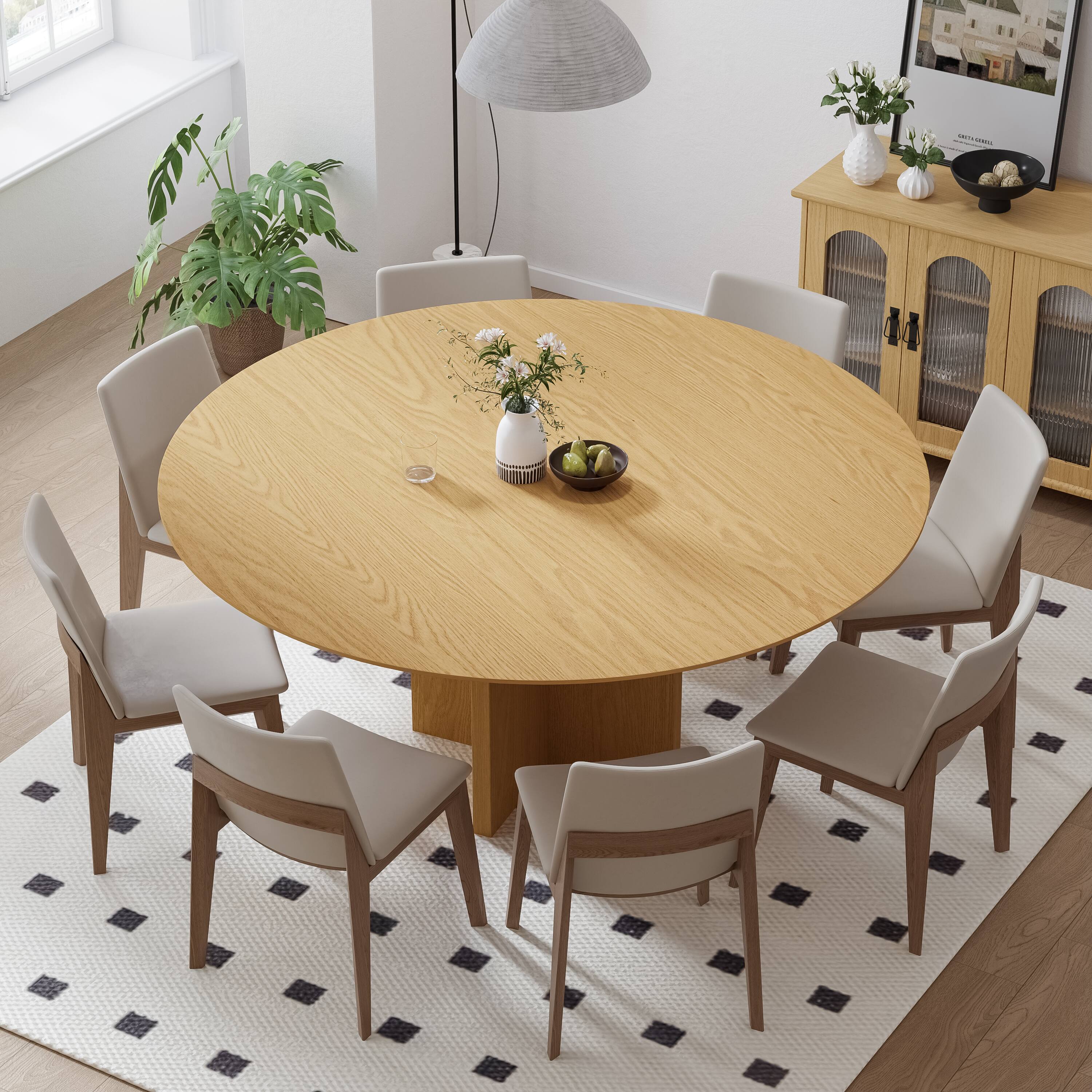 Alt View 1. Lirago - 59in. Arched Leg Round Dining Table Natural Finish Solid Wood Timeless Style,Seats 10 People - Beige.