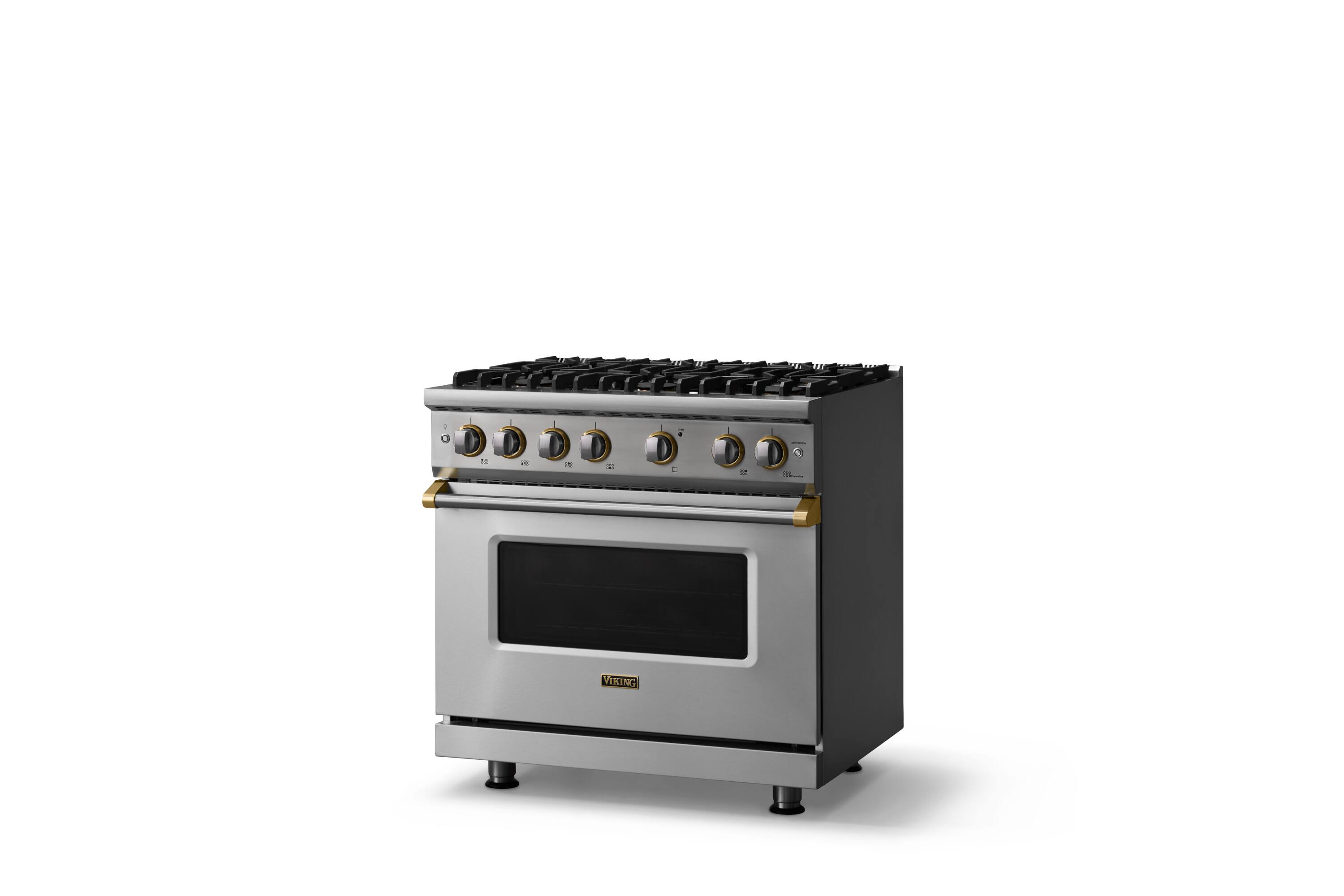 Angle. Viking - 36"W. 5.1 Cu. Ft. Freestanding Manual Clean Sealed 6 Burner Gas Convection Range-Stainless Steel/Brushed Brass - Stainless Steel.