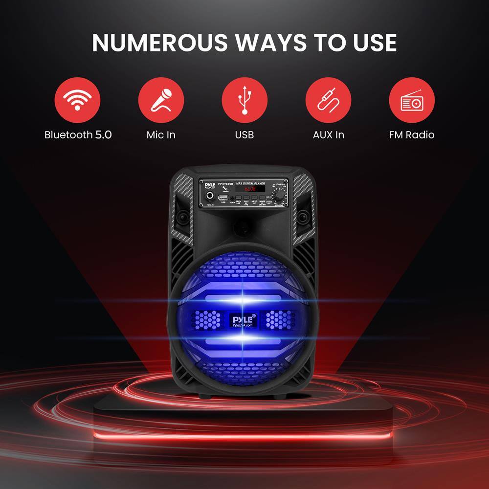 NUMEROUS WAYS TO USE

- Bluetooth 5.0
- Mic In
- USB
- AUX In
- FM Radio

PYLE