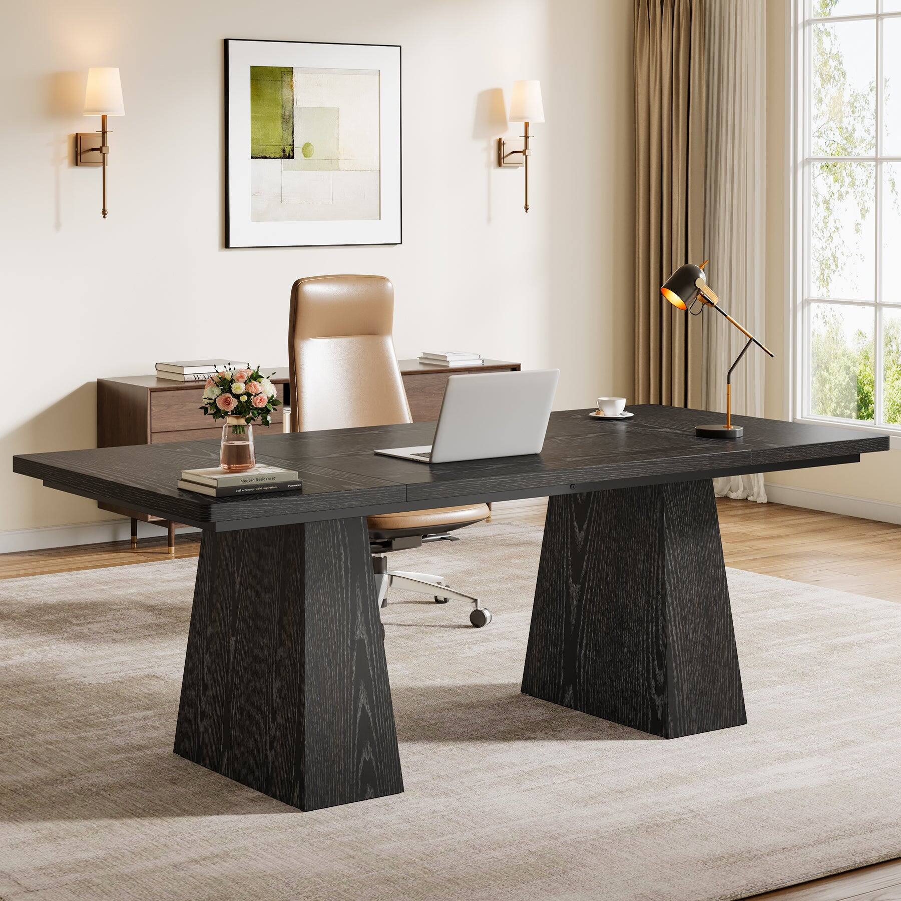Front. Tribesigns - Office Executive Desk with Pedestal Base, Rectangular Top, for Computer Work and Writing in Home Offices - Black.
