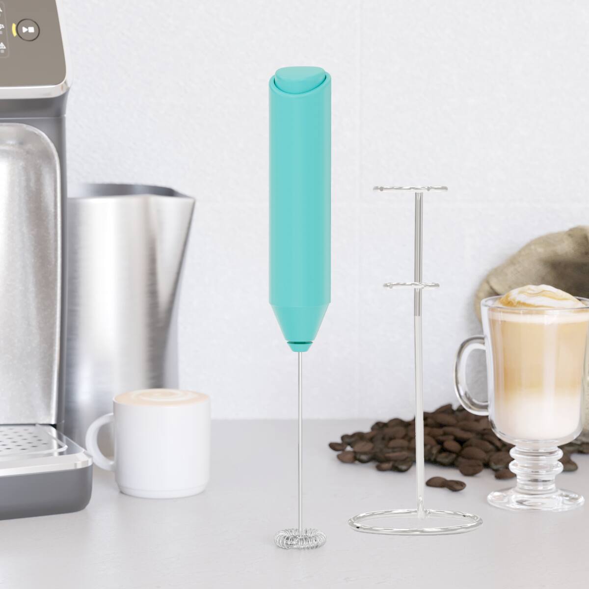 Left. Tooloton - Handheld Milk Frother, Mini Foam Maker for Coffee, Matcha and Hot Chocolate, Stand Not Included, Aqua - Aqua.