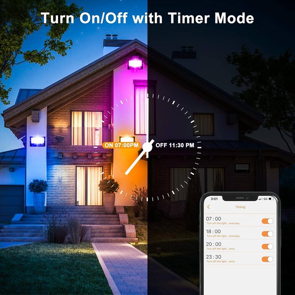 Turn On/Off with Timer Mode

ON 07:00 PM OFF 11:30 PM

Timing
07:00 - Turn off the light, everyday
18:00 - Turn off the light, everyday
20:00 - Turn off the light, once
23:30 - Turn off the light, once