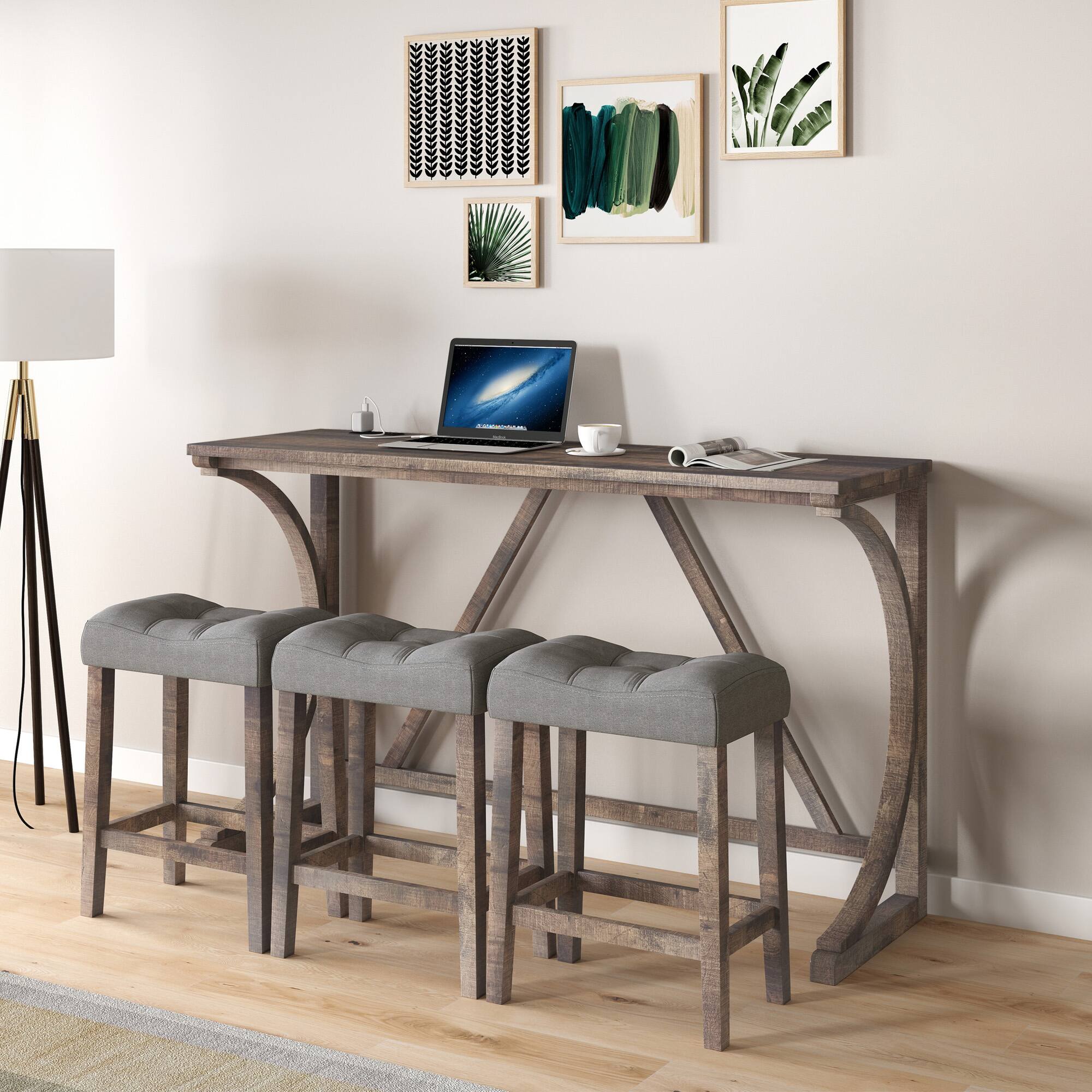 Front. TinyHomie - Bar Table Set with Power Outlet Bar Table and Chairs Set 4 Piece Dining Table Set Industrial Breakfast Table Set - Brown and Yellow.